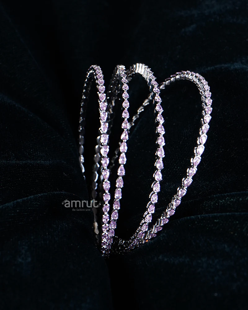 925 Sterling Pink and Purple CZ Stones Silver Bangle Set - Image 2
