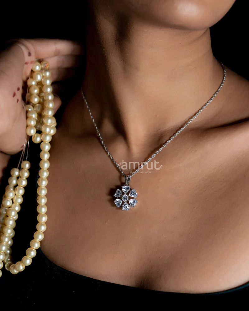 925 Sterling Silver Floral Solitaire Pendant Earring Chain Jewellery Set - Image 3