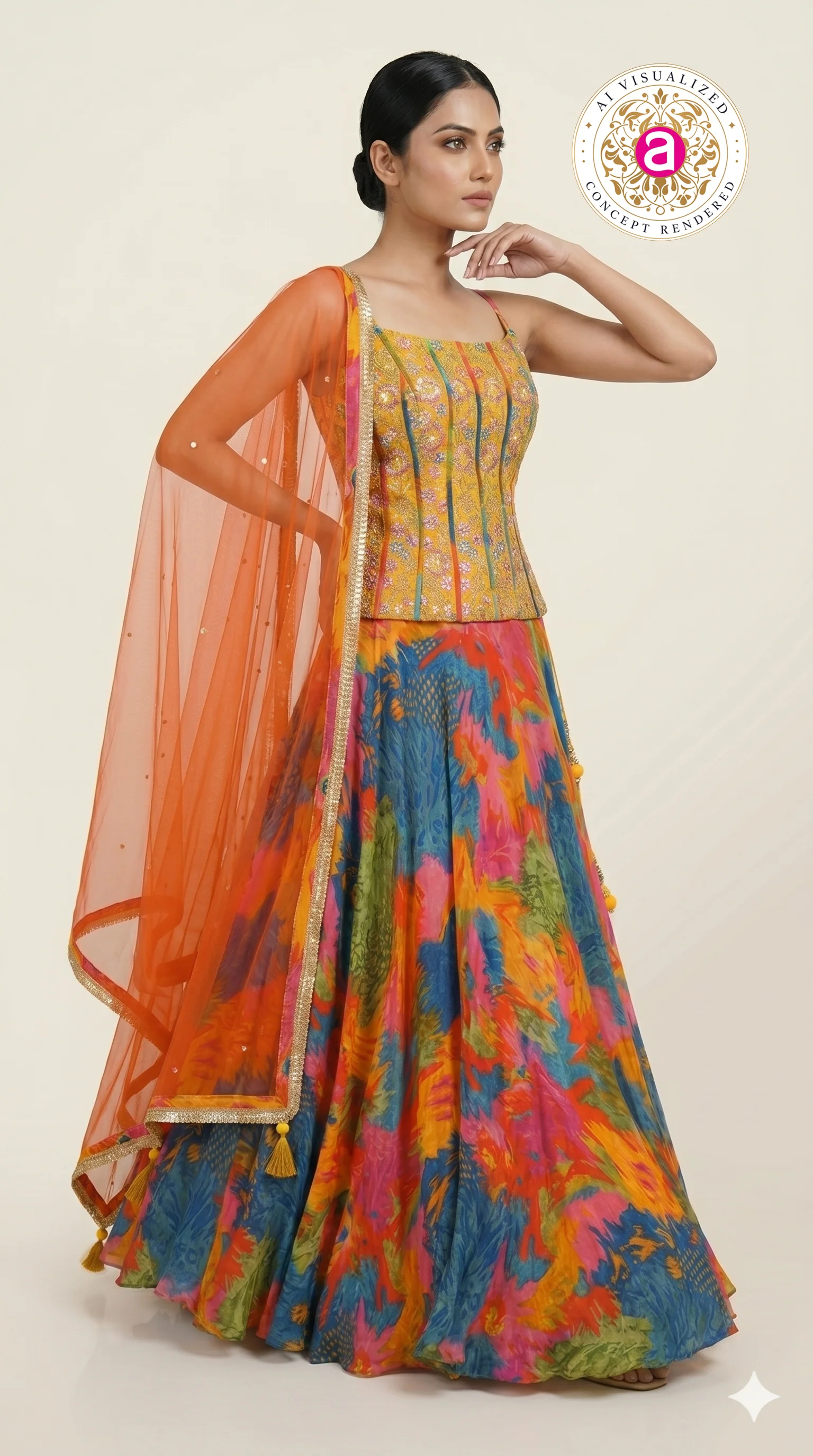 Abstract Multicolor Printed Lehenga Set with Embroidered Bustier & Orange Dupatta - Image 3