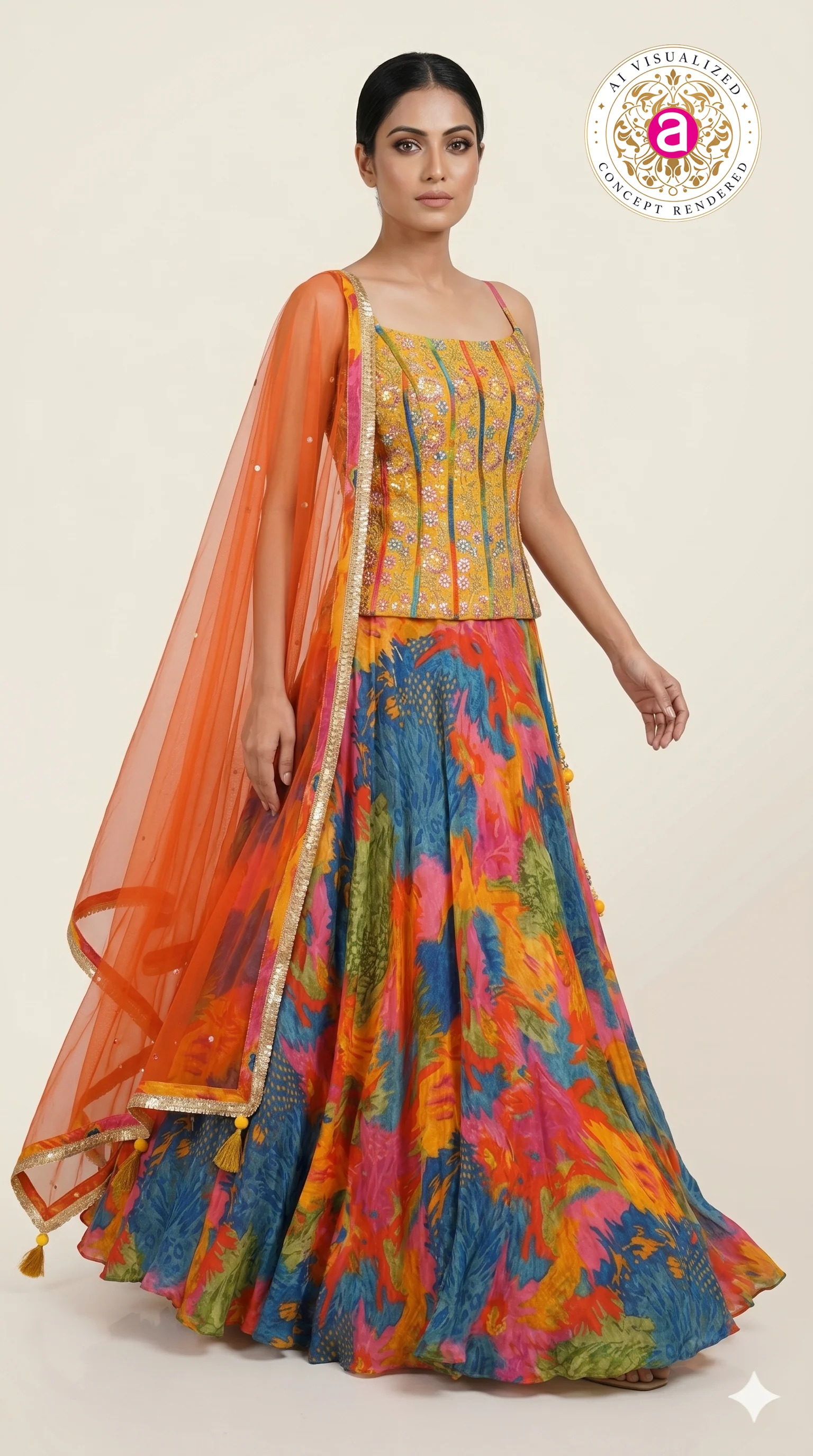 Abstract Multicolor Printed Lehenga Set with Embroidered Bustier & Orange Dupatta - Image 4