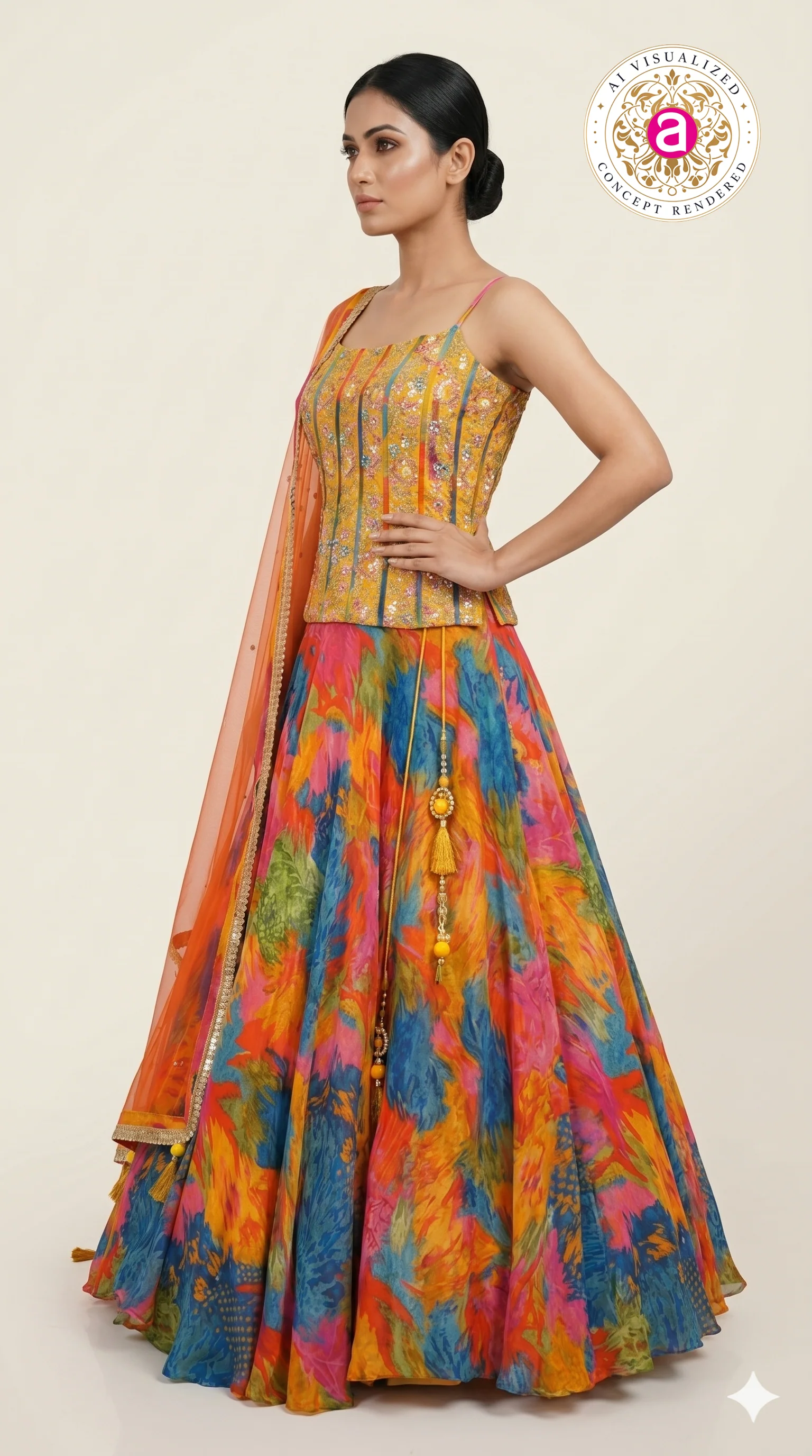 Abstract Multicolor Printed Lehenga Set with Embroidered Bustier & Orange Dupatta - Image 5