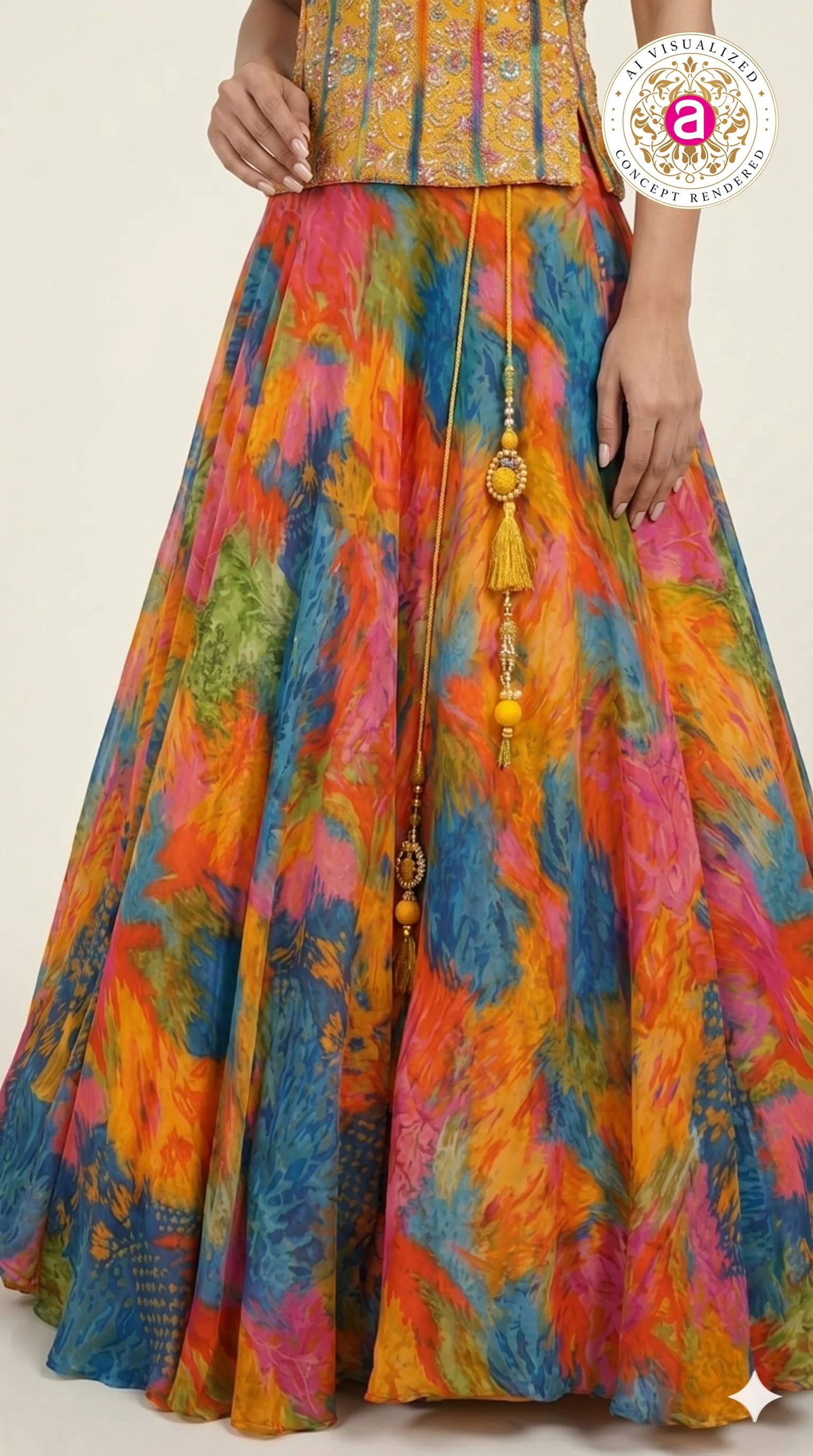 Abstract Multicolor Printed Lehenga Set with Embroidered Bustier & Orange Dupatta - Image 6