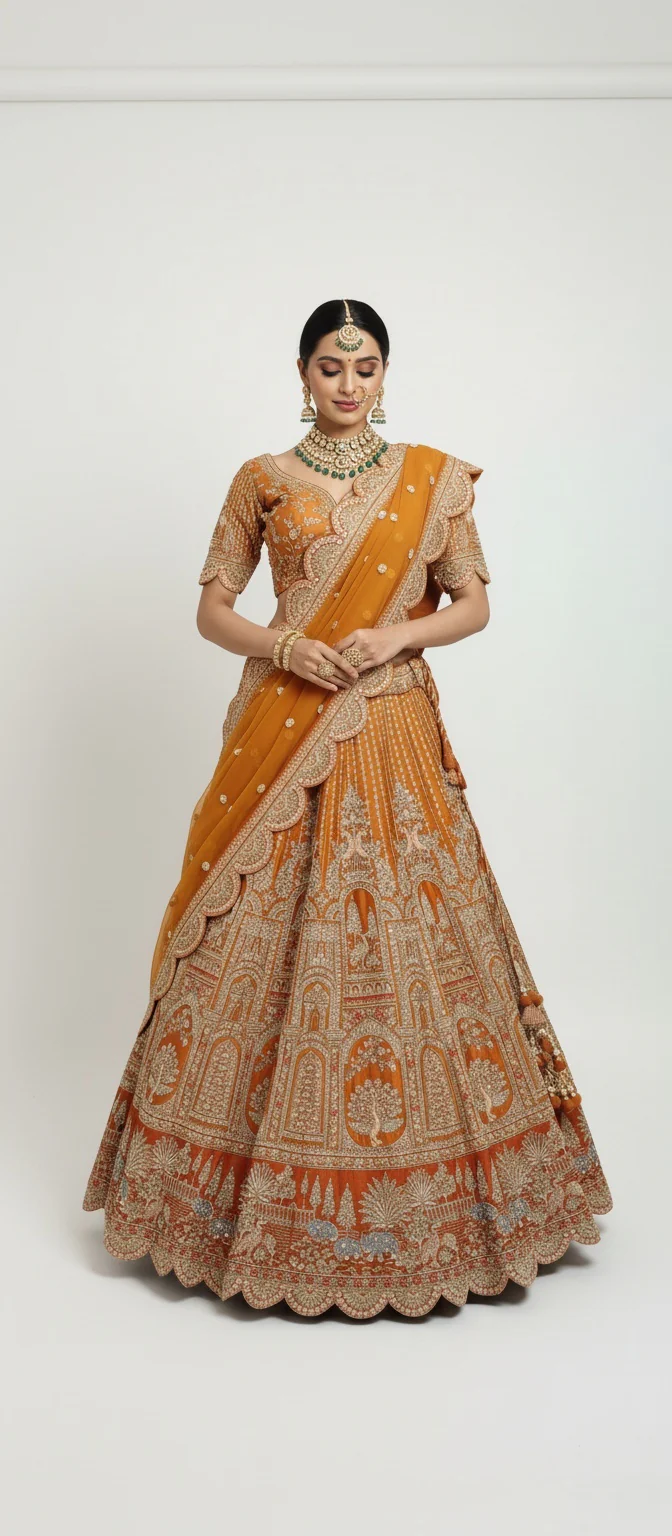 Amber Gold Zardozi Embroidered Bridal Lehenga with Mustard Dupatta - Image 5