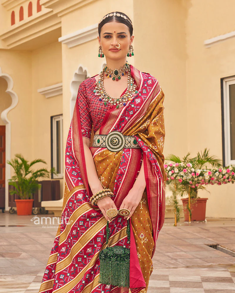 Amber Yellow and Pink Ethnic Printed Patola Silk Saree with Unstitched Blouse - Image 2
