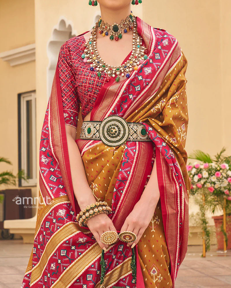 Amber Yellow and Pink Ethnic Printed Patola Silk Saree with Unstitched Blouse - Image 3