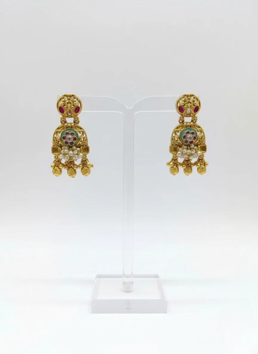 Antique Gold Goddess Temple Necklace Set with Ruby & Emerald Detailing - Image 2