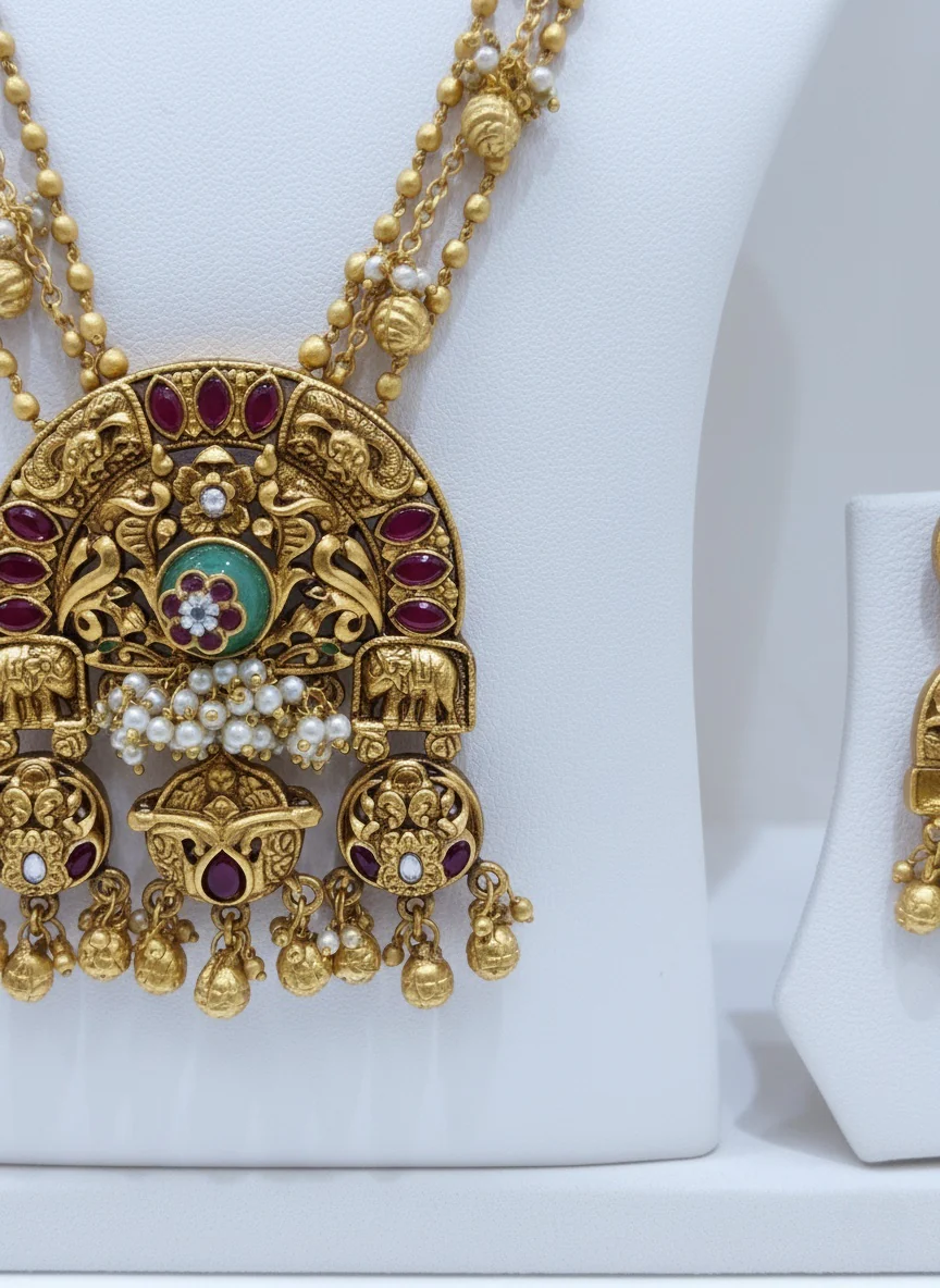 Antique Gold Goddess Temple Necklace Set with Ruby & Emerald Detailing - Image 3