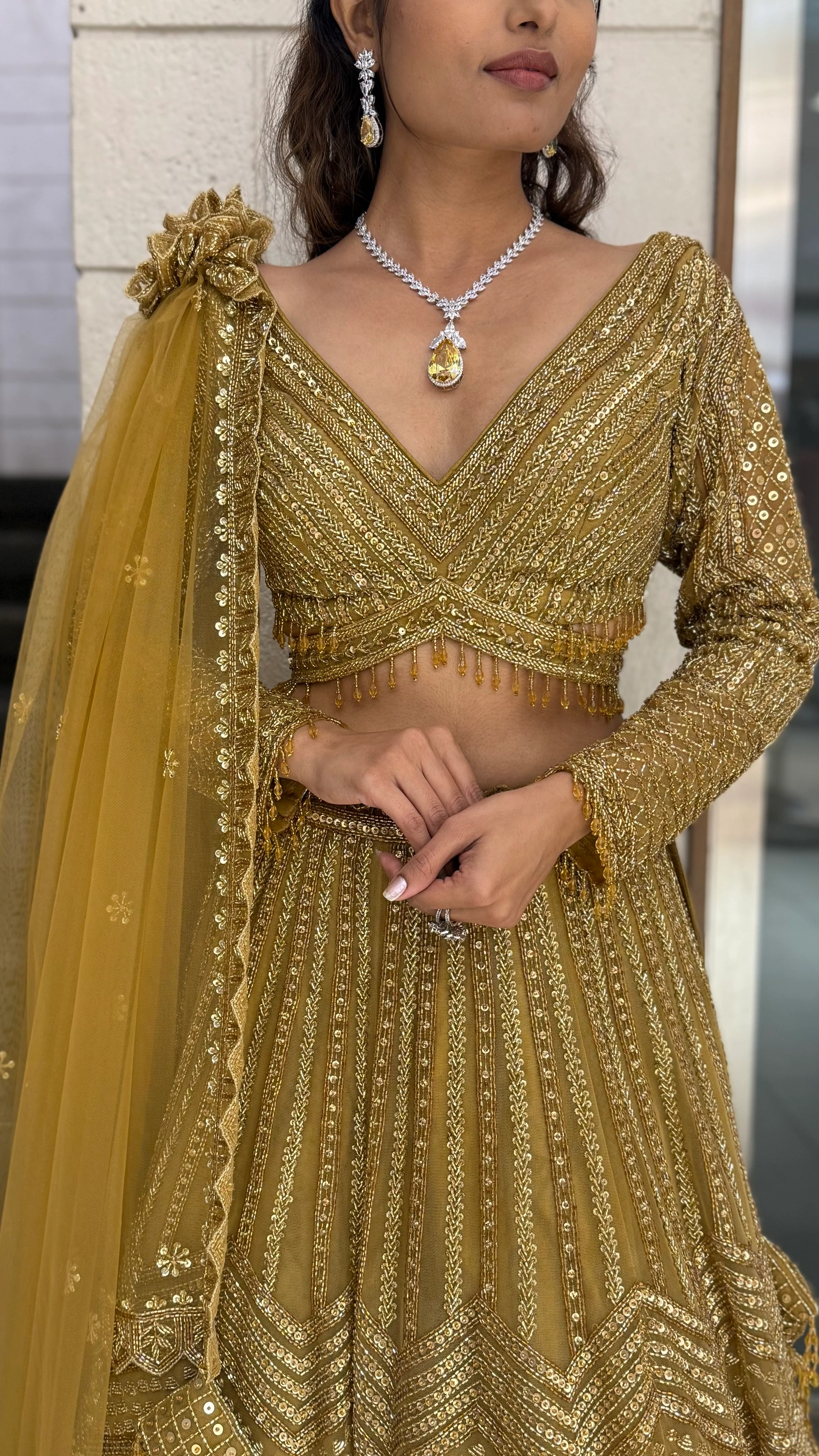 Antique Gold Hand-Embroidered Bridal Lehenga Set with Draped Dupatta - Image 2