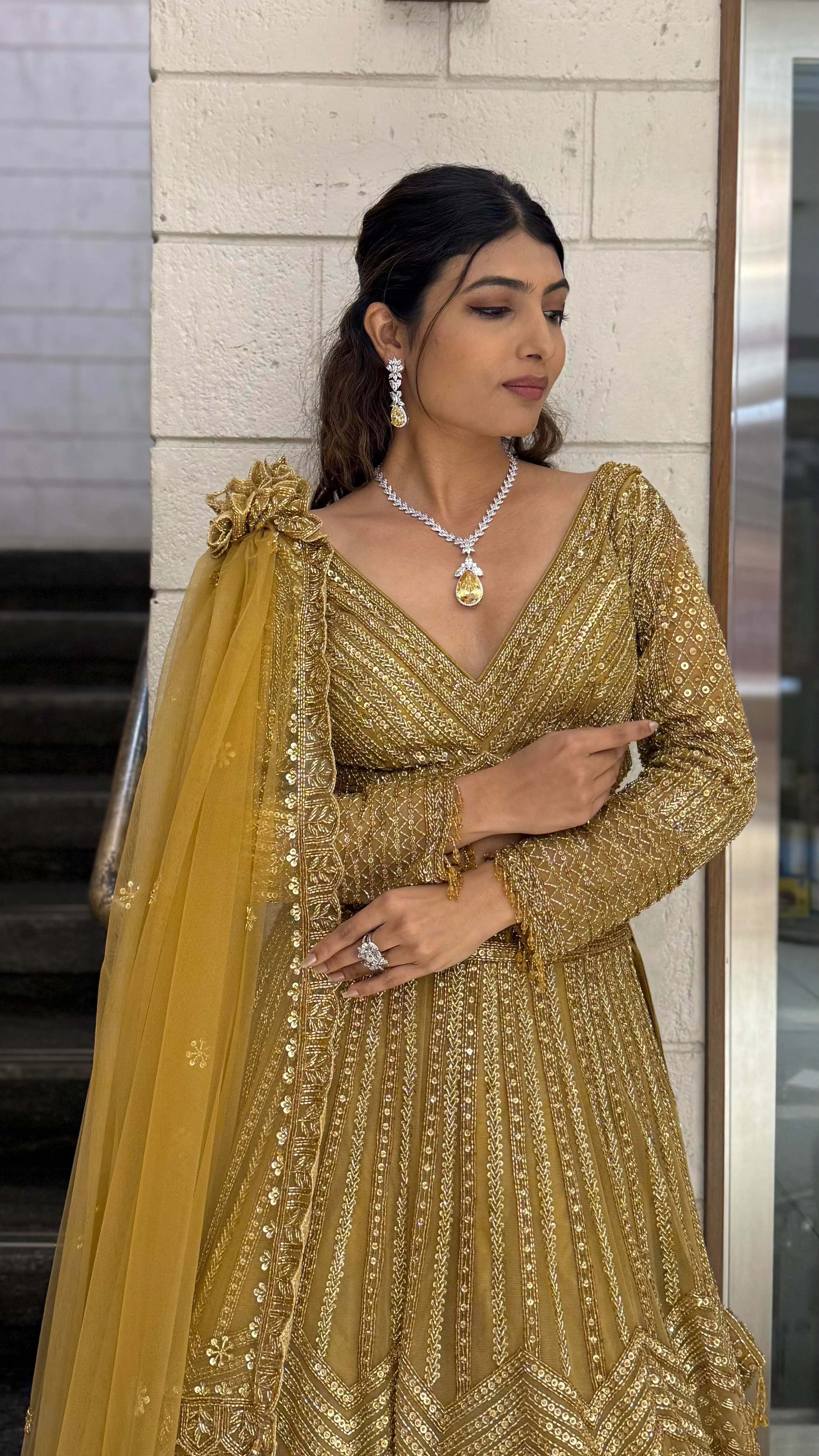 Antique Gold Hand-Embroidered Bridal Lehenga Set with Draped Dupatta - Image 3