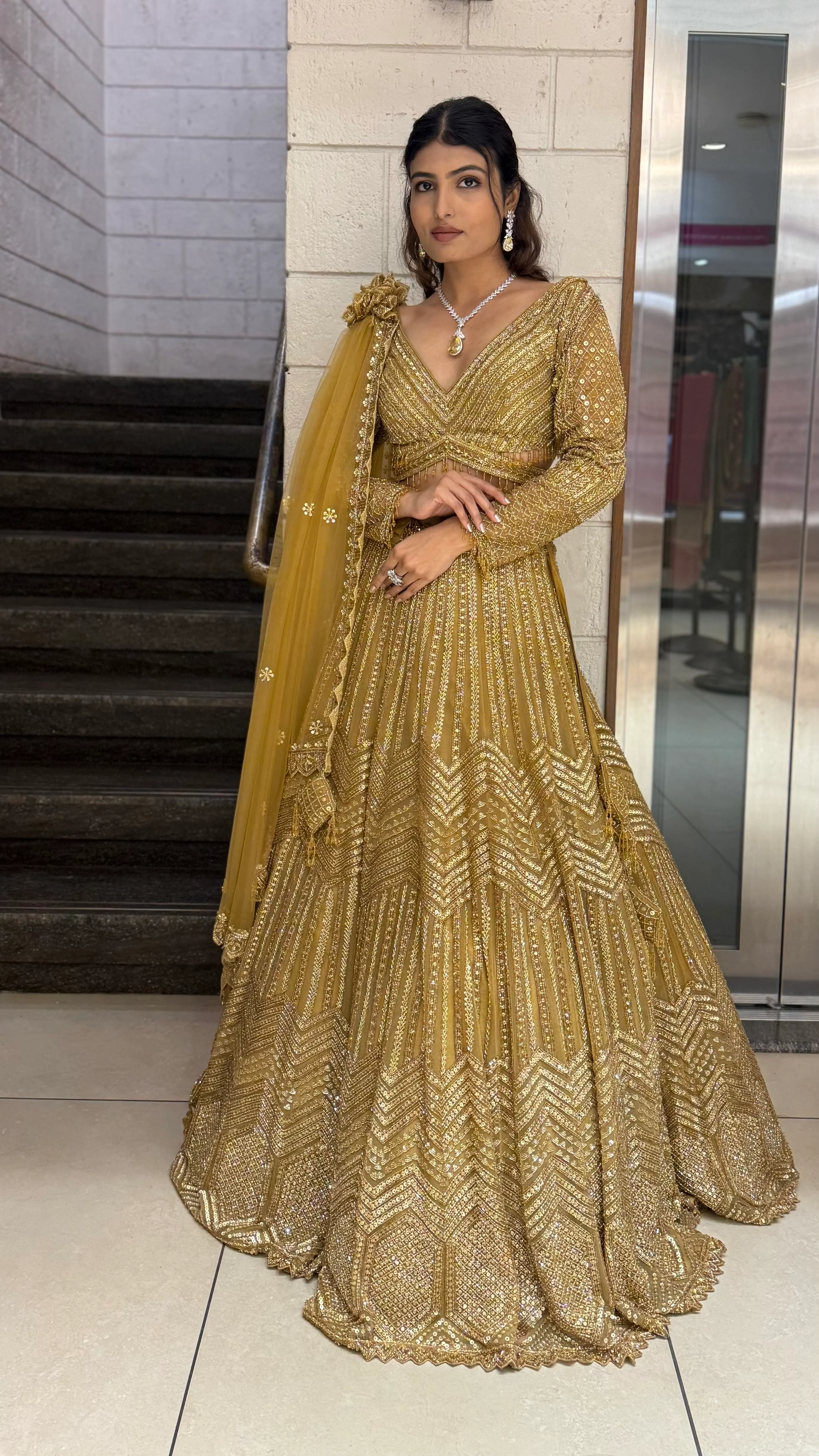 Antique Gold Hand-Embroidered Bridal Lehenga Set with Draped Dupatta - Image 4