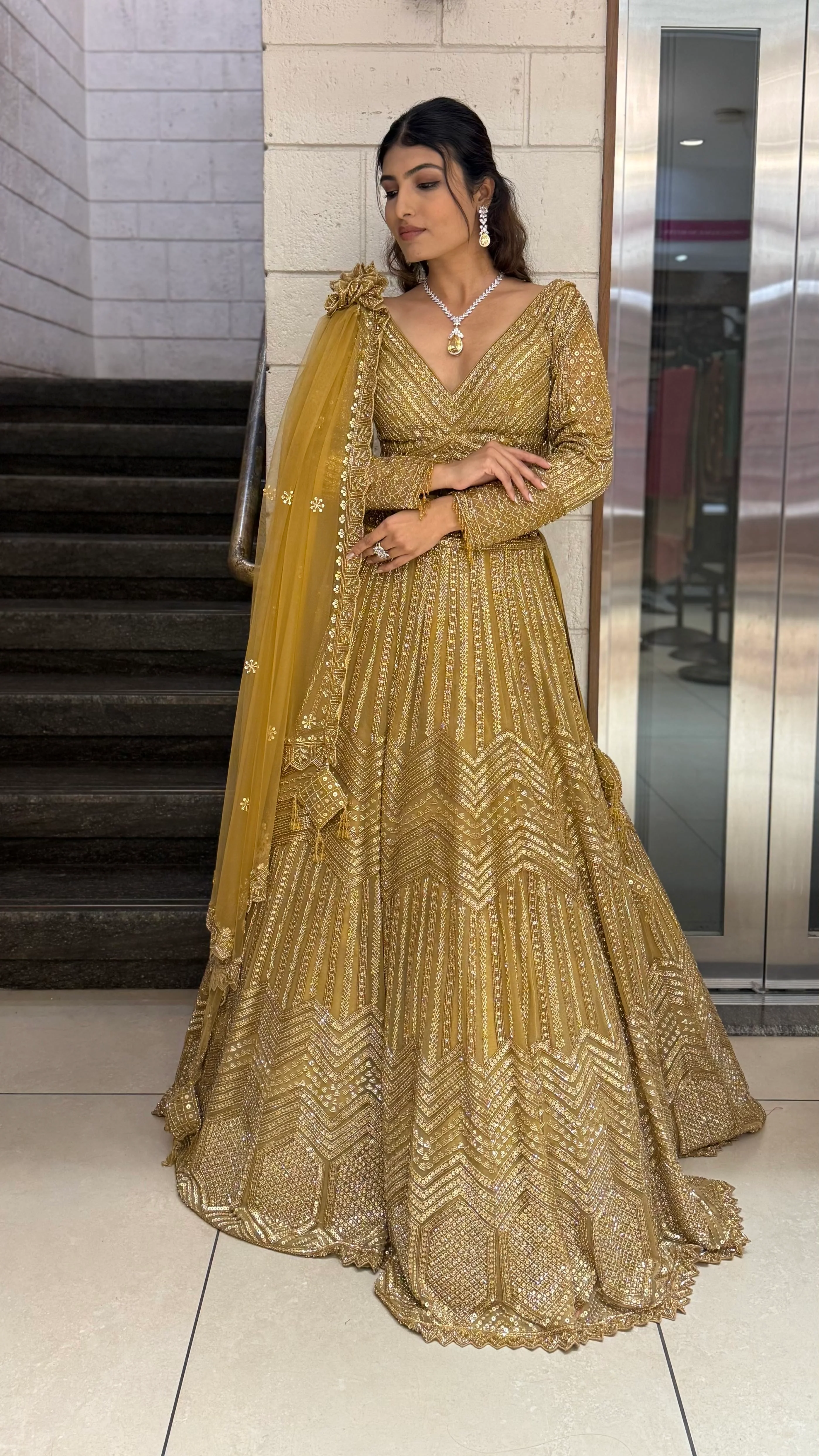 Antique Gold Hand-Embroidered Bridal Lehenga Set with Draped Dupatta - Image 5