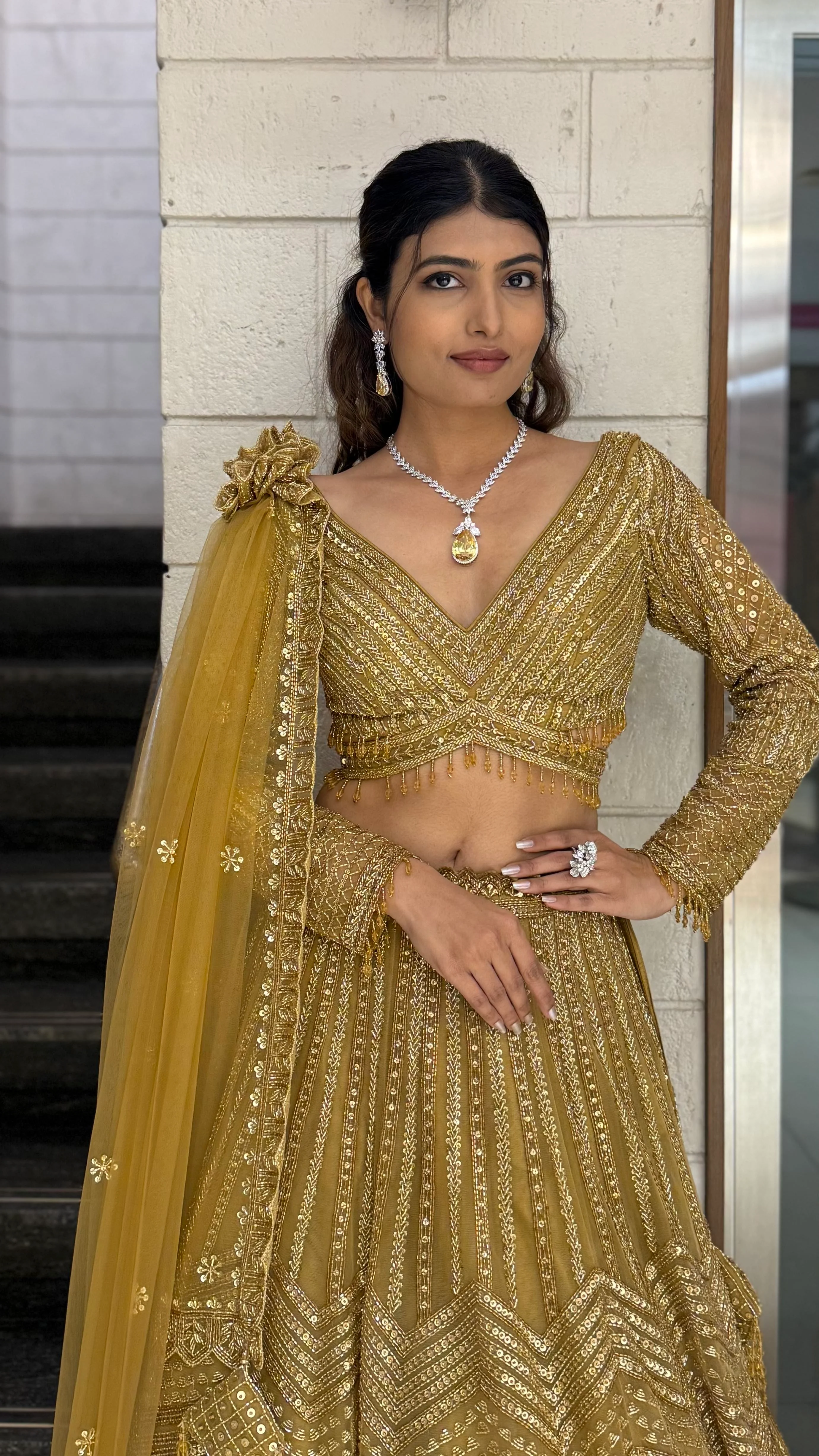 Antique Gold Hand-Embroidered Bridal Lehenga Set with Draped Dupatta - Image 6