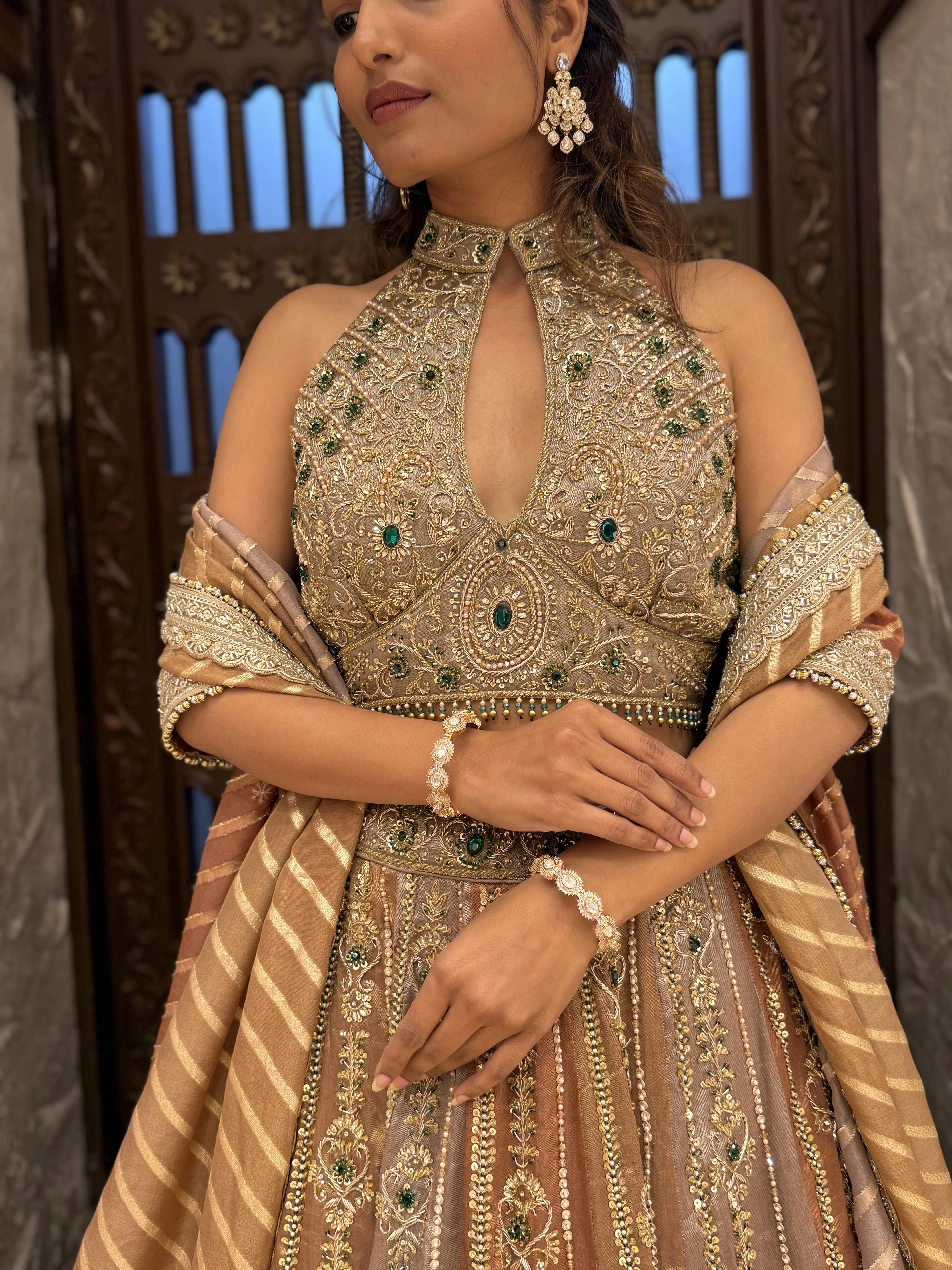 Antique Gold Heavy Embroidered Designer Lehenga Set with Halter Neck Blouse & Dupatta - Image 2