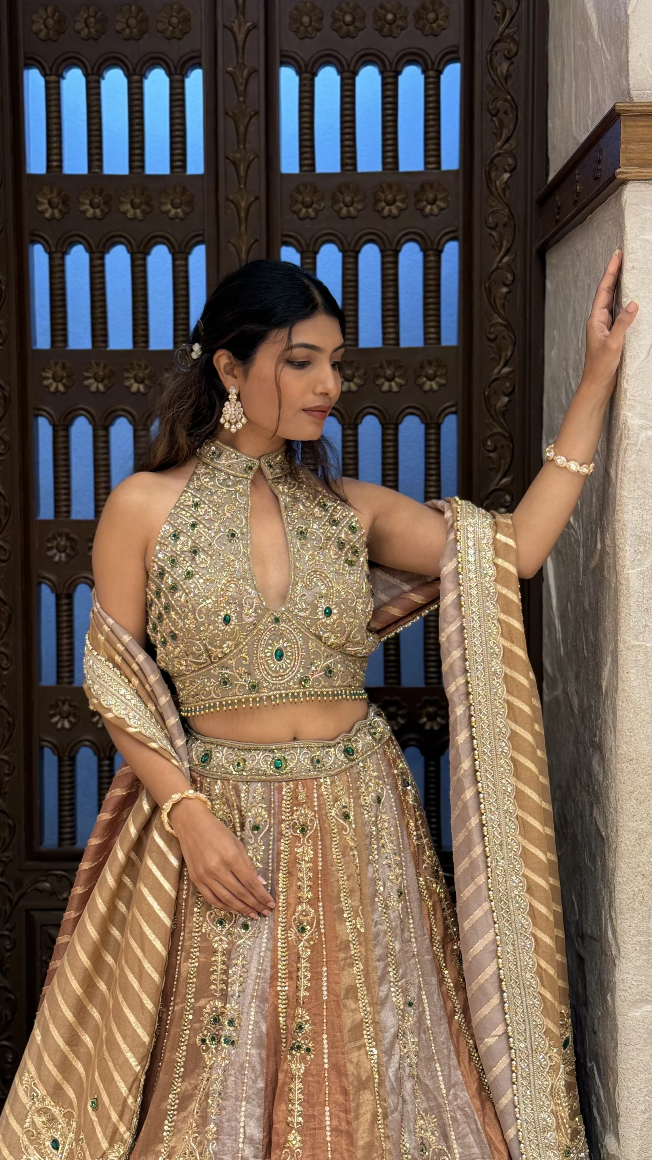 Antique Gold Heavy Embroidered Designer Lehenga Set with Halter Neck Blouse & Dupatta - Image 3