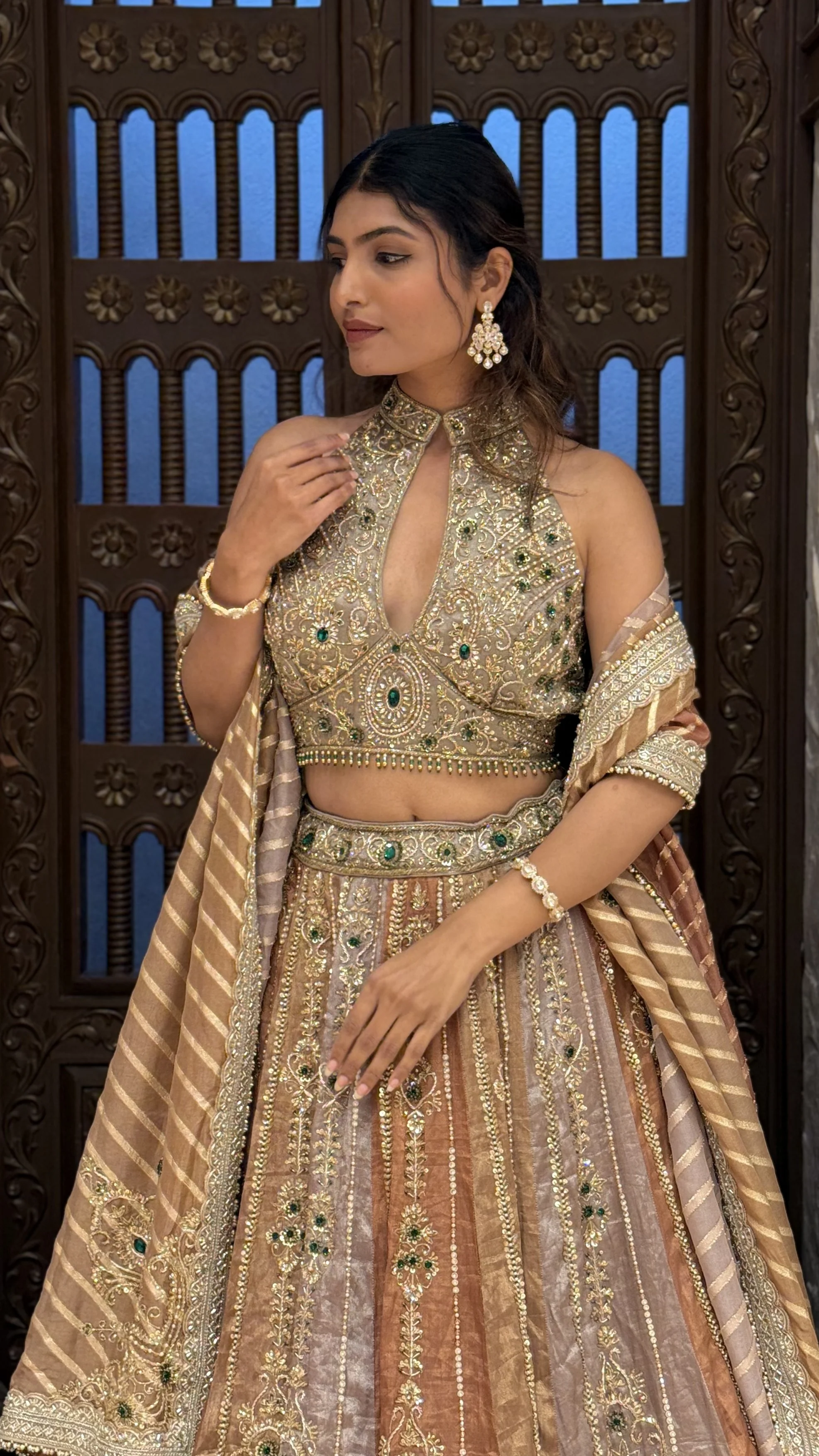Antique Gold Heavy Embroidered Designer Lehenga Set with Halter Neck Blouse & Dupatta - Image 4
