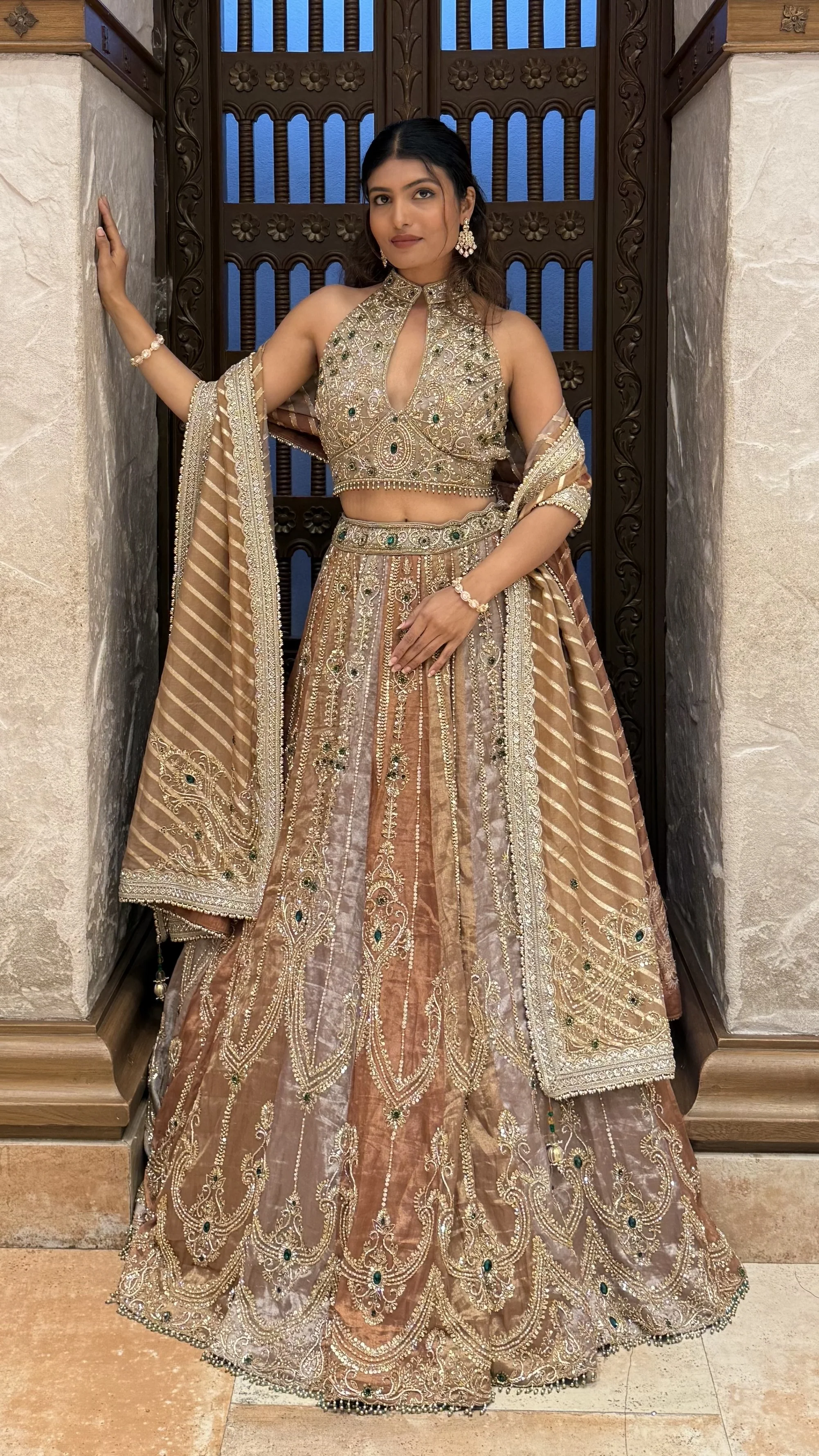Antique Gold Heavy Embroidered Designer Lehenga Set with Halter Neck Blouse & Dupatta - Image 5