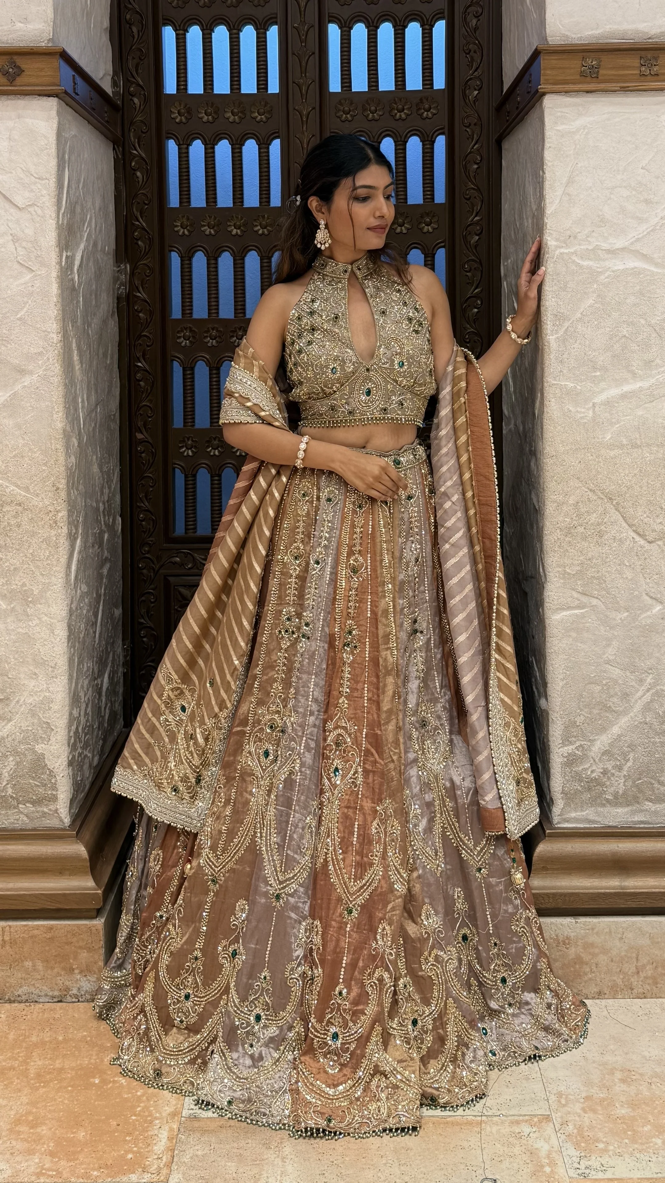 Antique Gold Heavy Embroidered Designer Lehenga Set with Halter Neck Blouse & Dupatta - Image 6