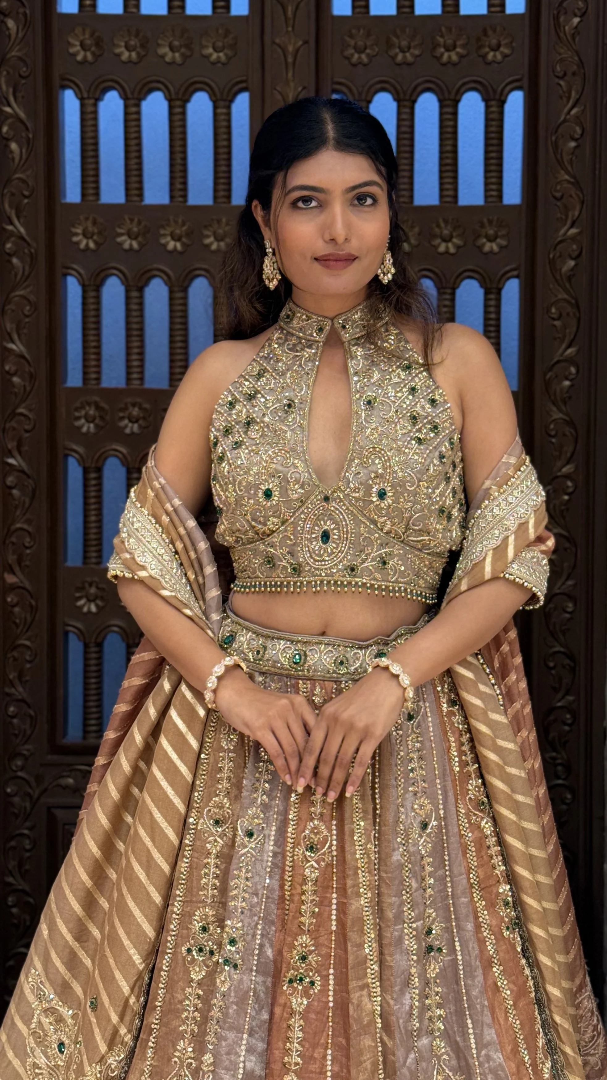Antique Gold Heavy Embroidered Designer Lehenga Set with Halter Neck Blouse & Dupatta - Image 7