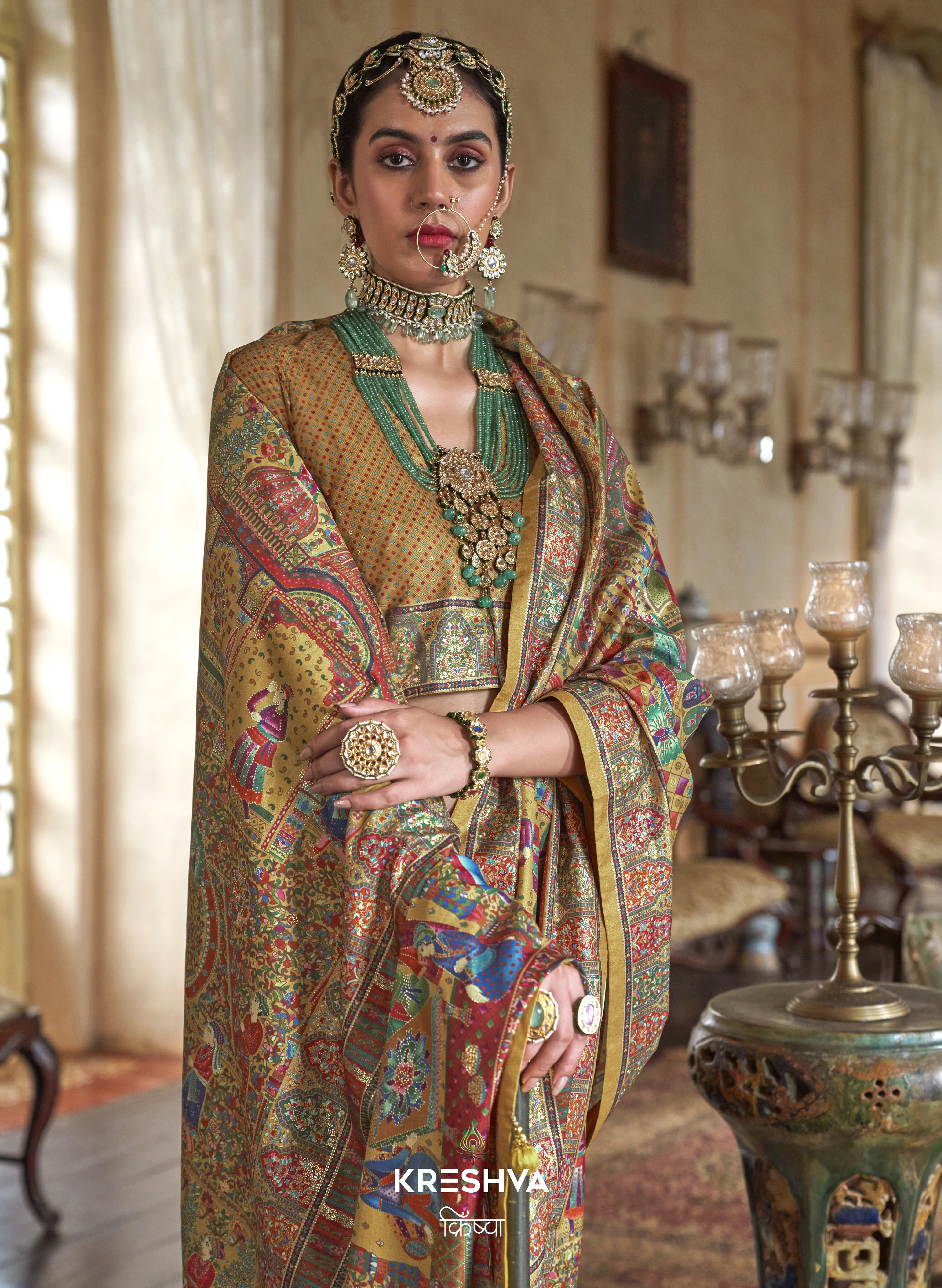 Antique Gold Heritage Pashmina Inspired Designer Saree with Multicolour Royal Border - Image 2