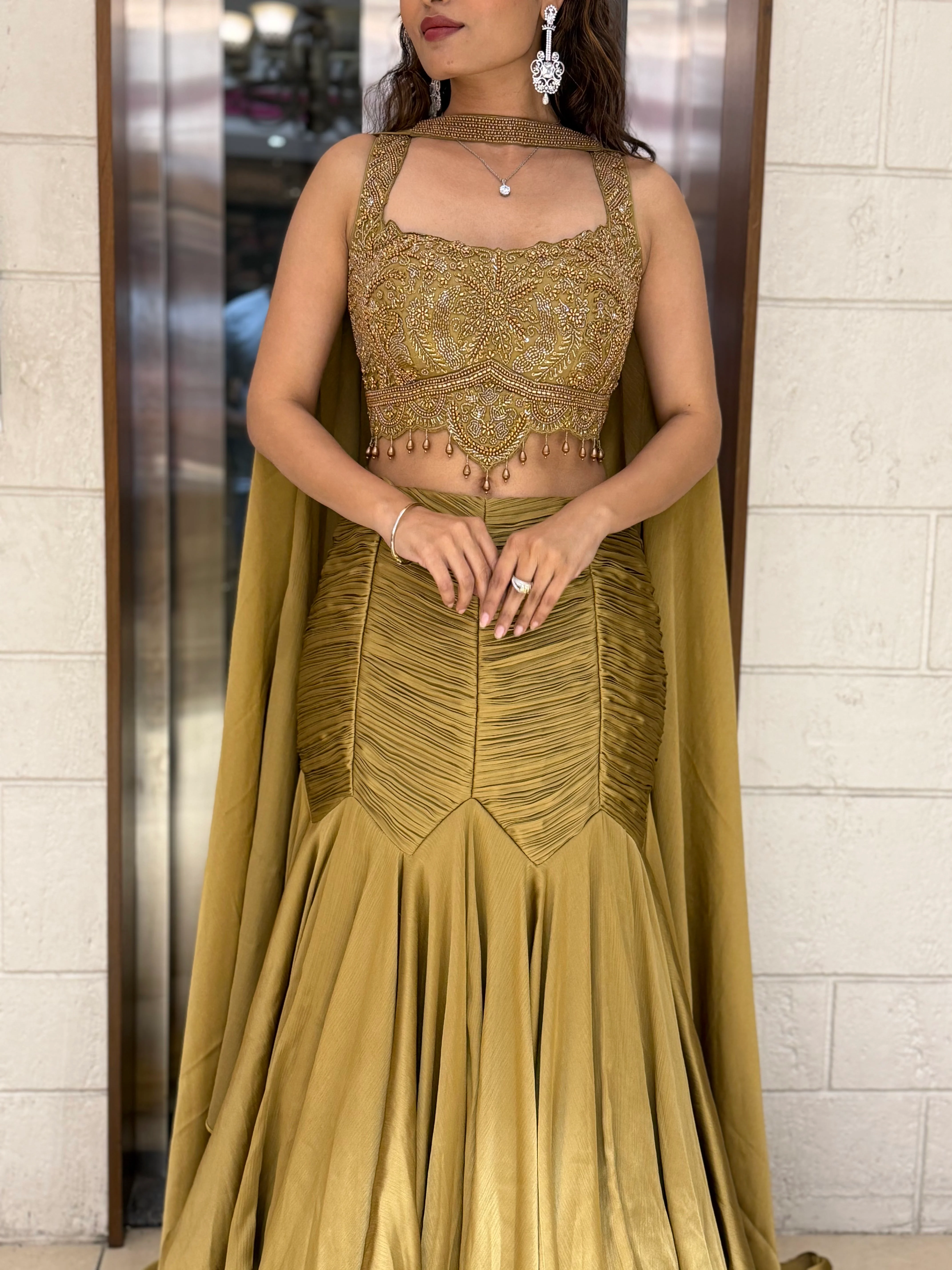 Antique Gold Indo-Western Mermaid Gown with Handcrafted Beaded Corset & Flowing Cape - Image 3