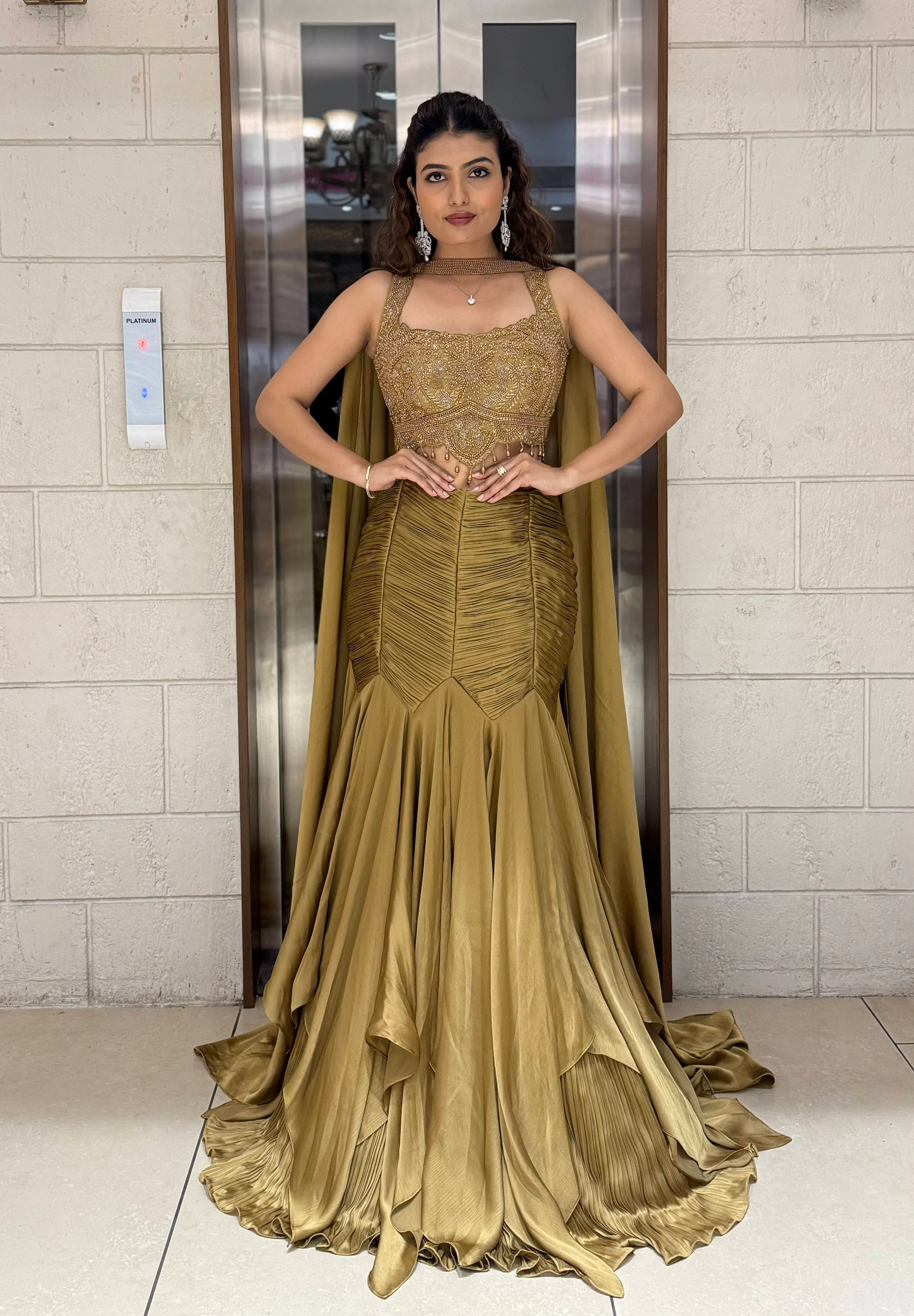 Antique Gold Indo-Western Mermaid Gown with Handcrafted Beaded Corset & Flowing Cape - Image 6