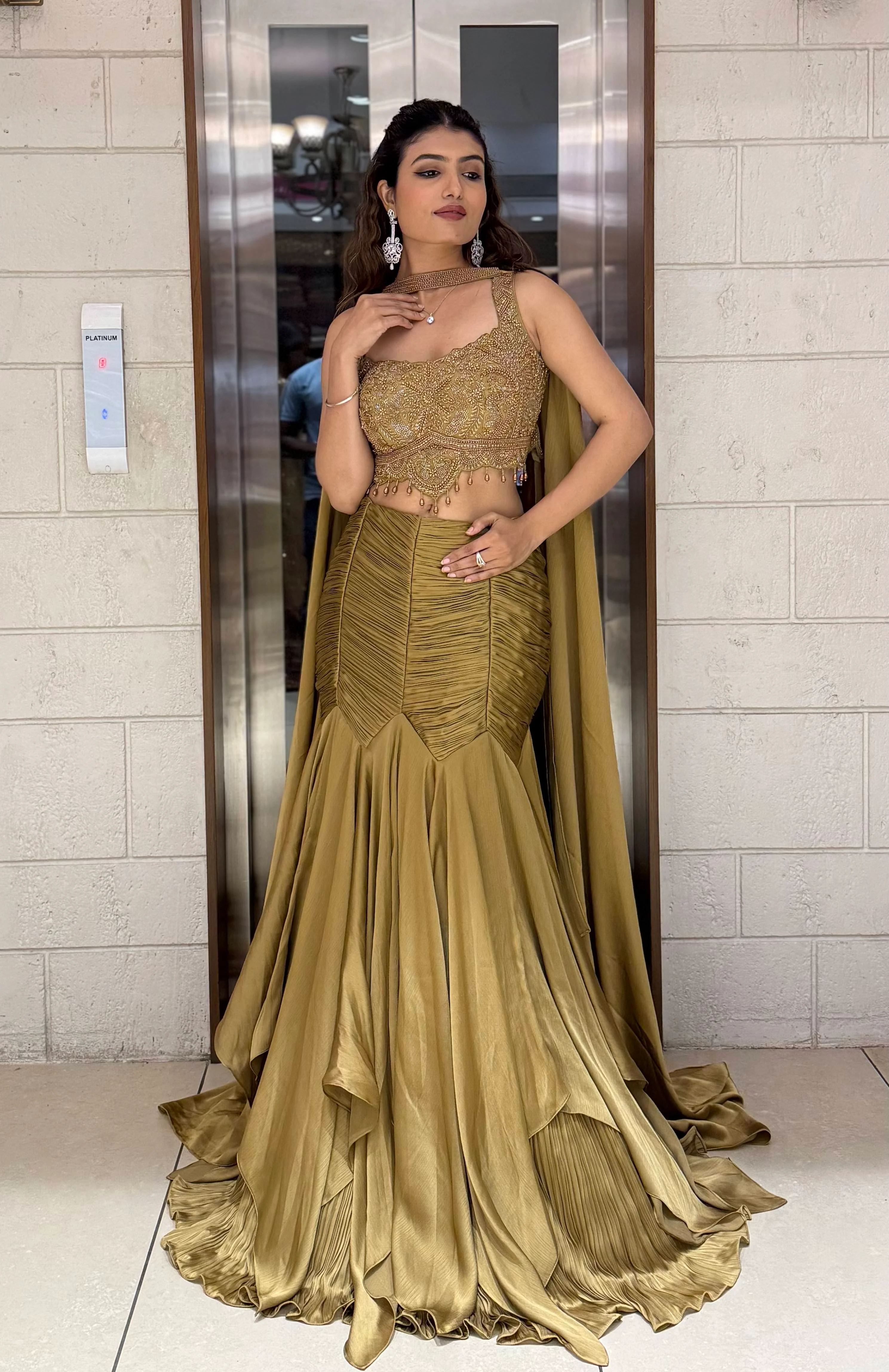 Antique Gold Indo-Western Mermaid Gown with Handcrafted Beaded Corset & Flowing Cape - Image 7