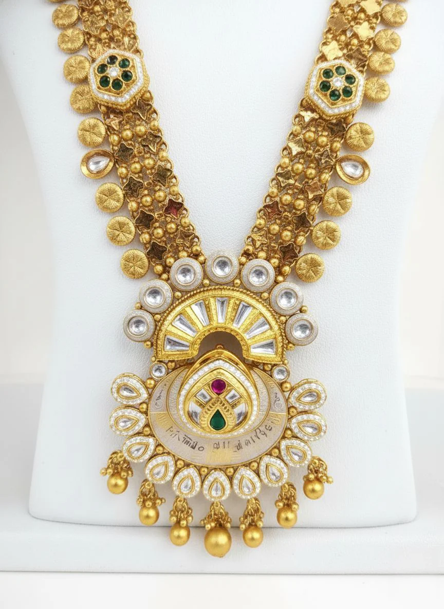 Antique Gold Kundan Bridal Necklace Set with Pearl & Polki Detailing - Image 3