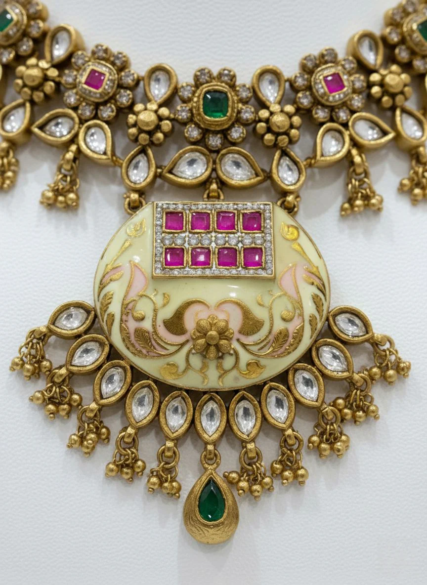 Antique Gold Kundan Choker Necklace Set with Ruby & Emerald Detailing - Image 3