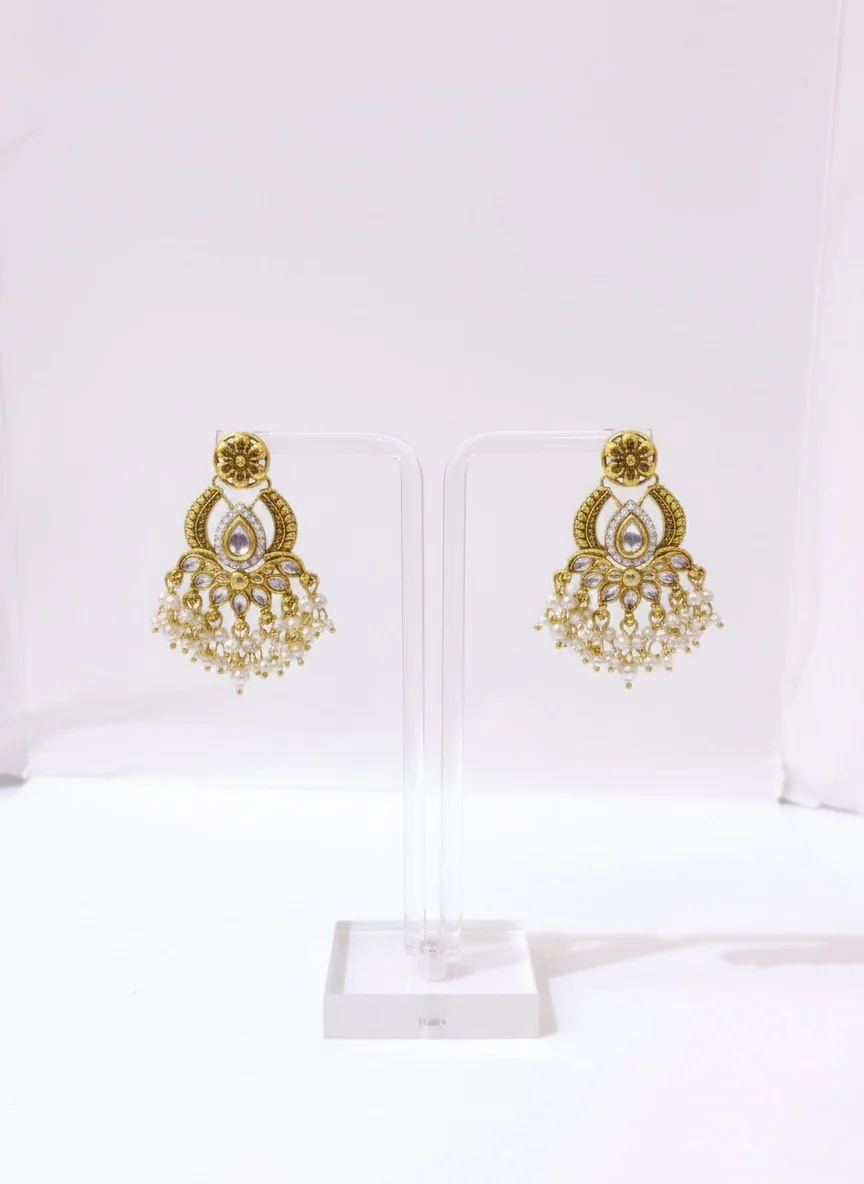 Antique Gold Kundan & Pearl Bridal Choker Necklace Set - Image 2