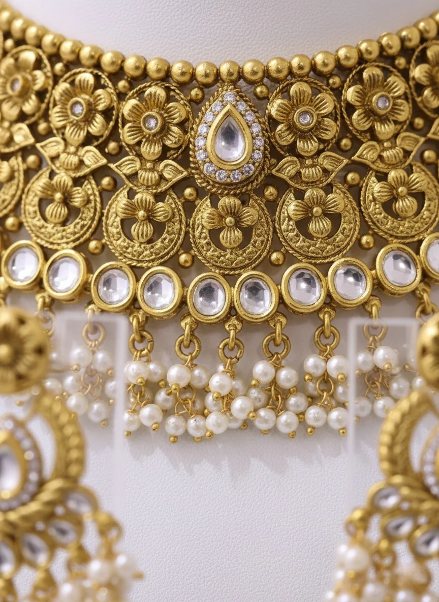 Antique Gold Kundan & Pearl Bridal Choker Necklace Set - Image 3