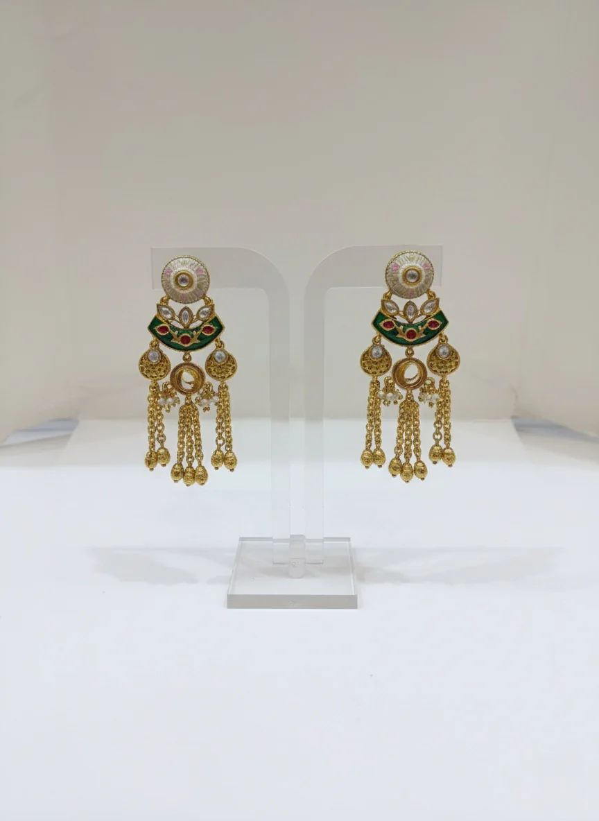 Antique Gold Kundan Temple Bridal Necklace Set with Pearl & Chain Drops - Image 2