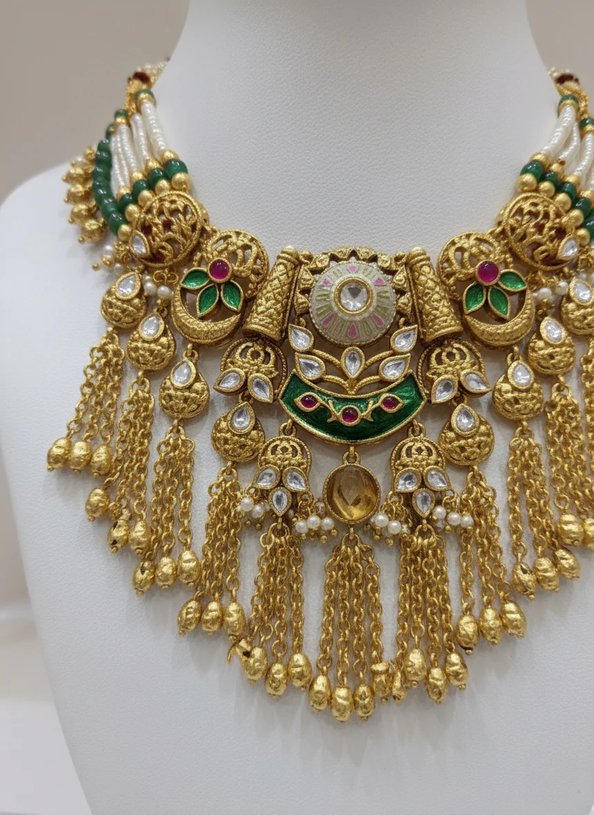 Antique Gold Kundan Temple Bridal Necklace Set with Pearl & Chain Drops - Image 3