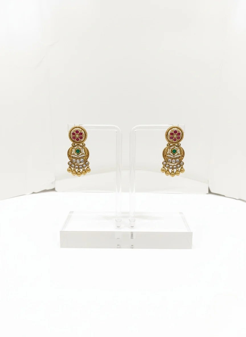 Antique Gold Kundan & Turquoise Temple Necklace Set - Image 2