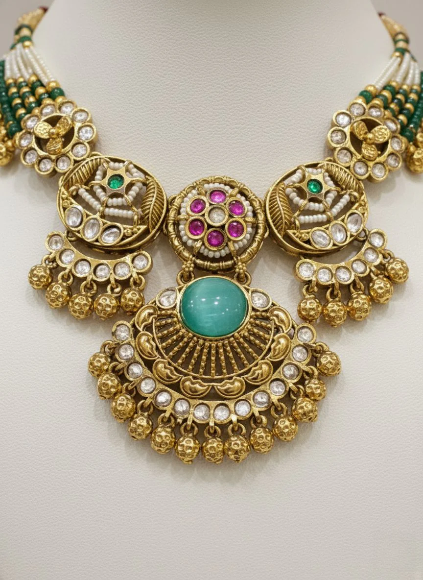 Antique Gold Kundan & Turquoise Temple Necklace Set - Image 3