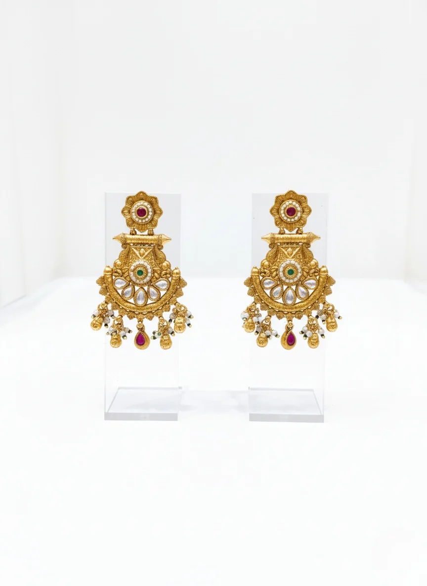 Antique Gold Lakshmi Temple Necklace Set with Kundan and Pearl Detailing - Image 2