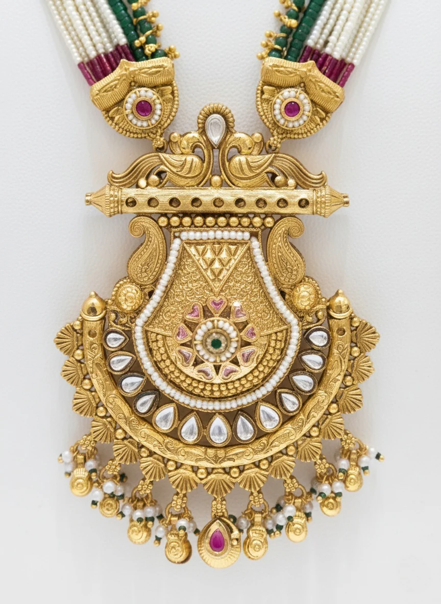 Antique Gold Lakshmi Temple Necklace Set with Kundan and Pearl Detailing - Image 3