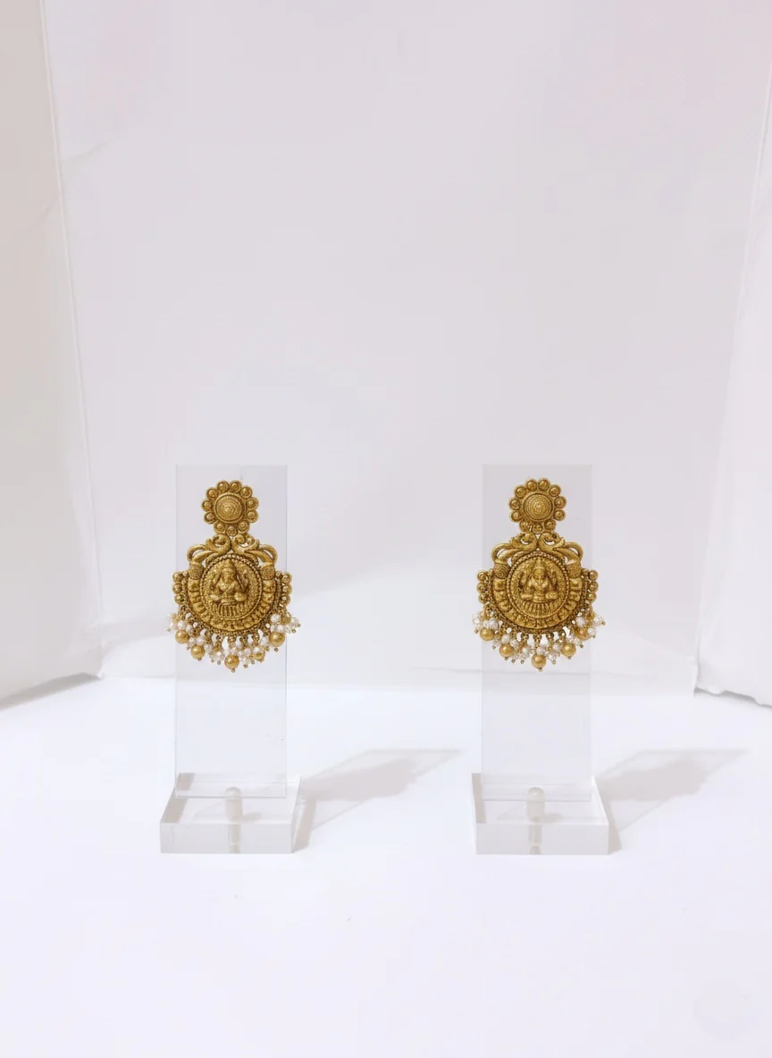 Antique Gold Lakshmi Temple Necklace Set with Pearl Drops - Image 2