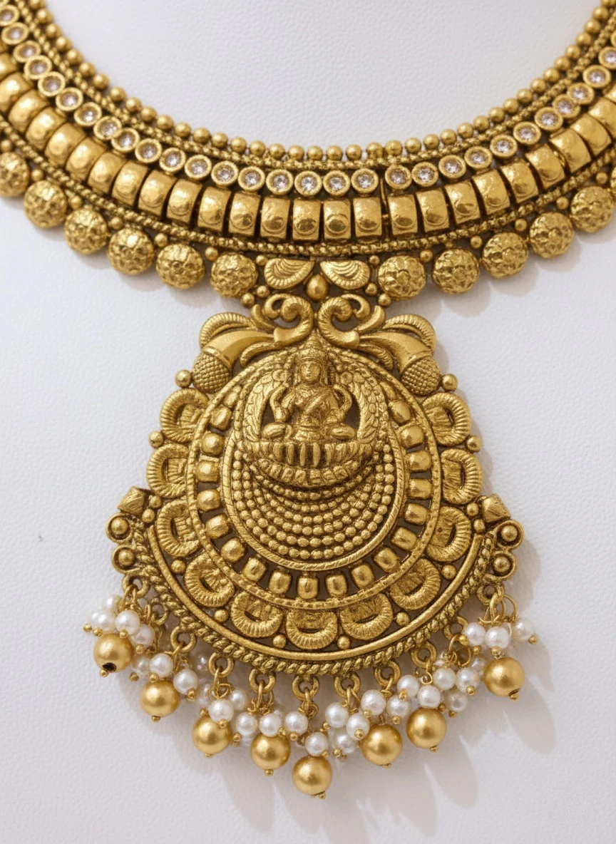 Antique Gold Lakshmi Temple Necklace Set with Pearl Drops - Image 3
