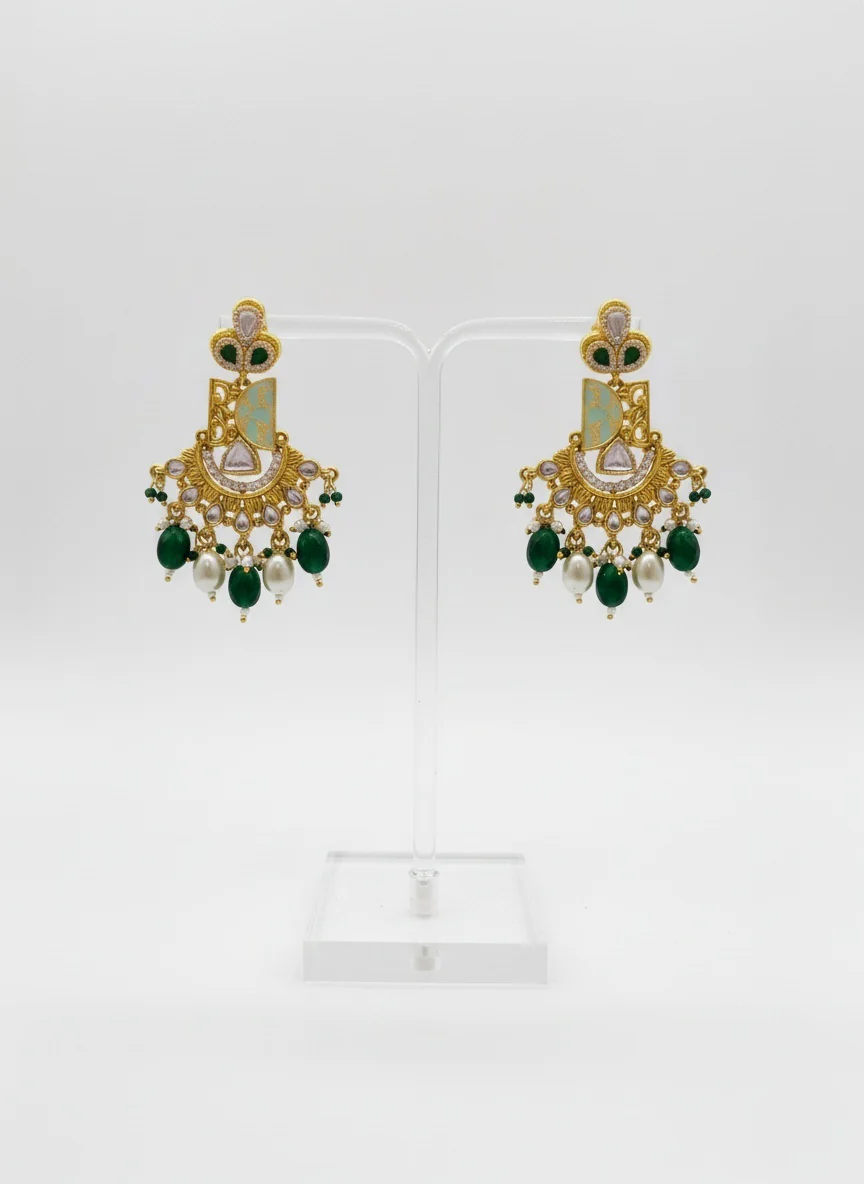 Antique Gold Meenakari Temple Necklace Set with Green Beads & Pearls - Image 2