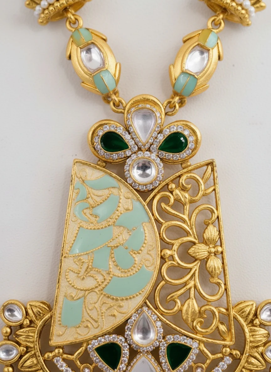 Antique Gold Meenakari Temple Necklace Set with Green Beads & Pearls - Image 3