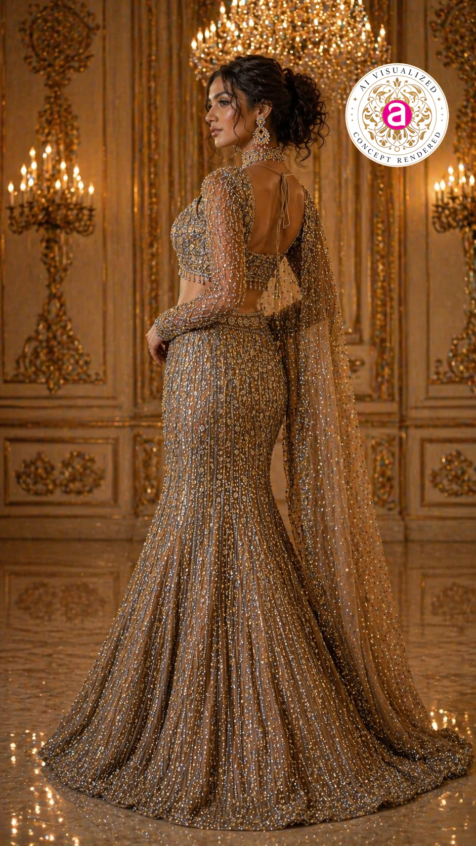 Antique Gold Mermaid Lehenga Set with Crystal Embellished Blouse and Net Dupatta - Image 3