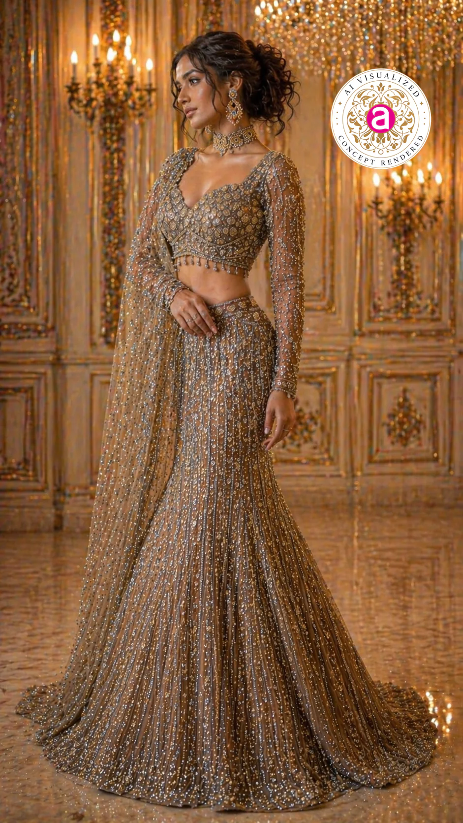 Antique Gold Mermaid Lehenga Set with Crystal Embellished Blouse and Net Dupatta - Image 5
