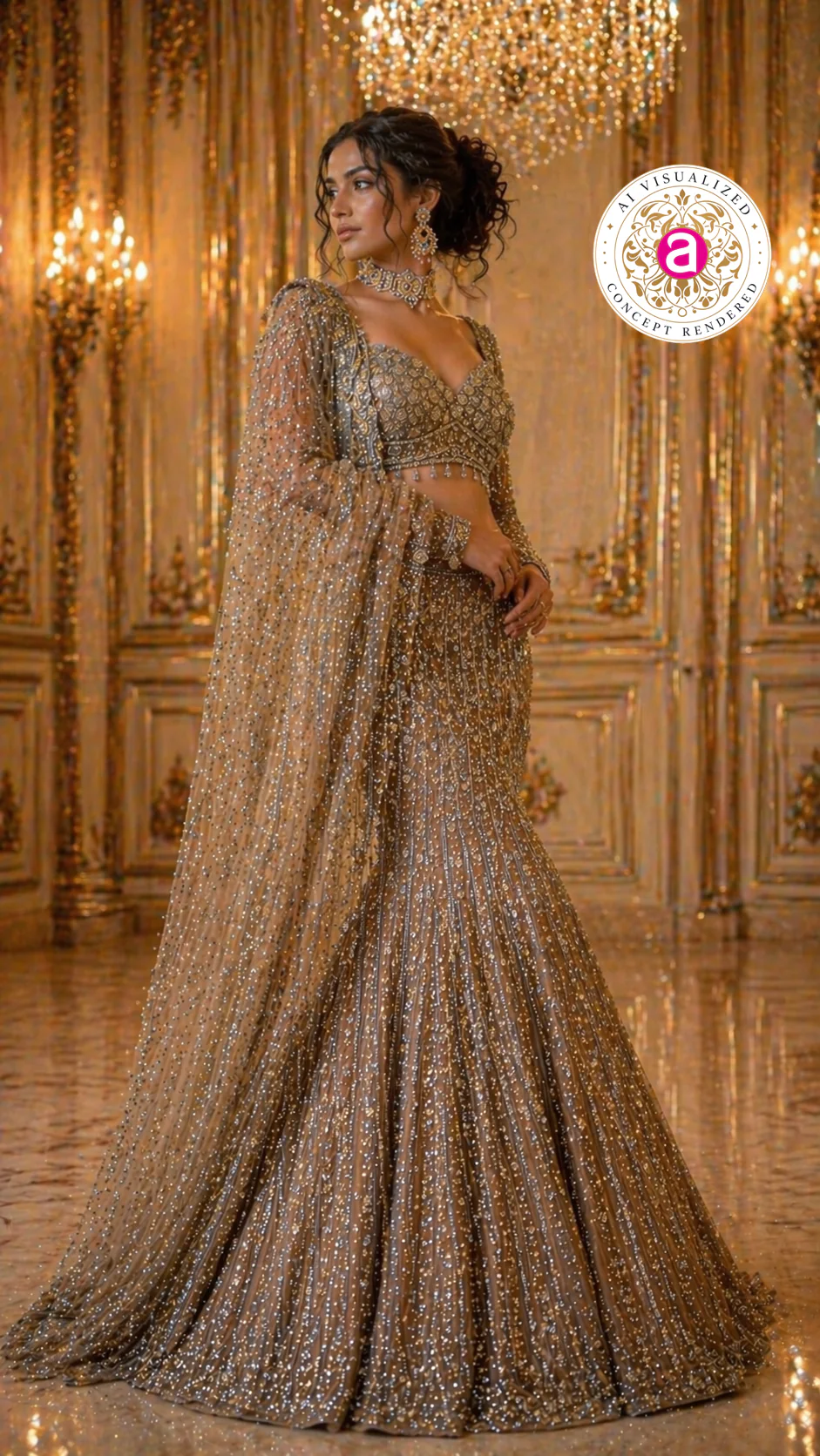 Antique Gold Mermaid Lehenga Set with Crystal Embellished Blouse and Net Dupatta - Image 6