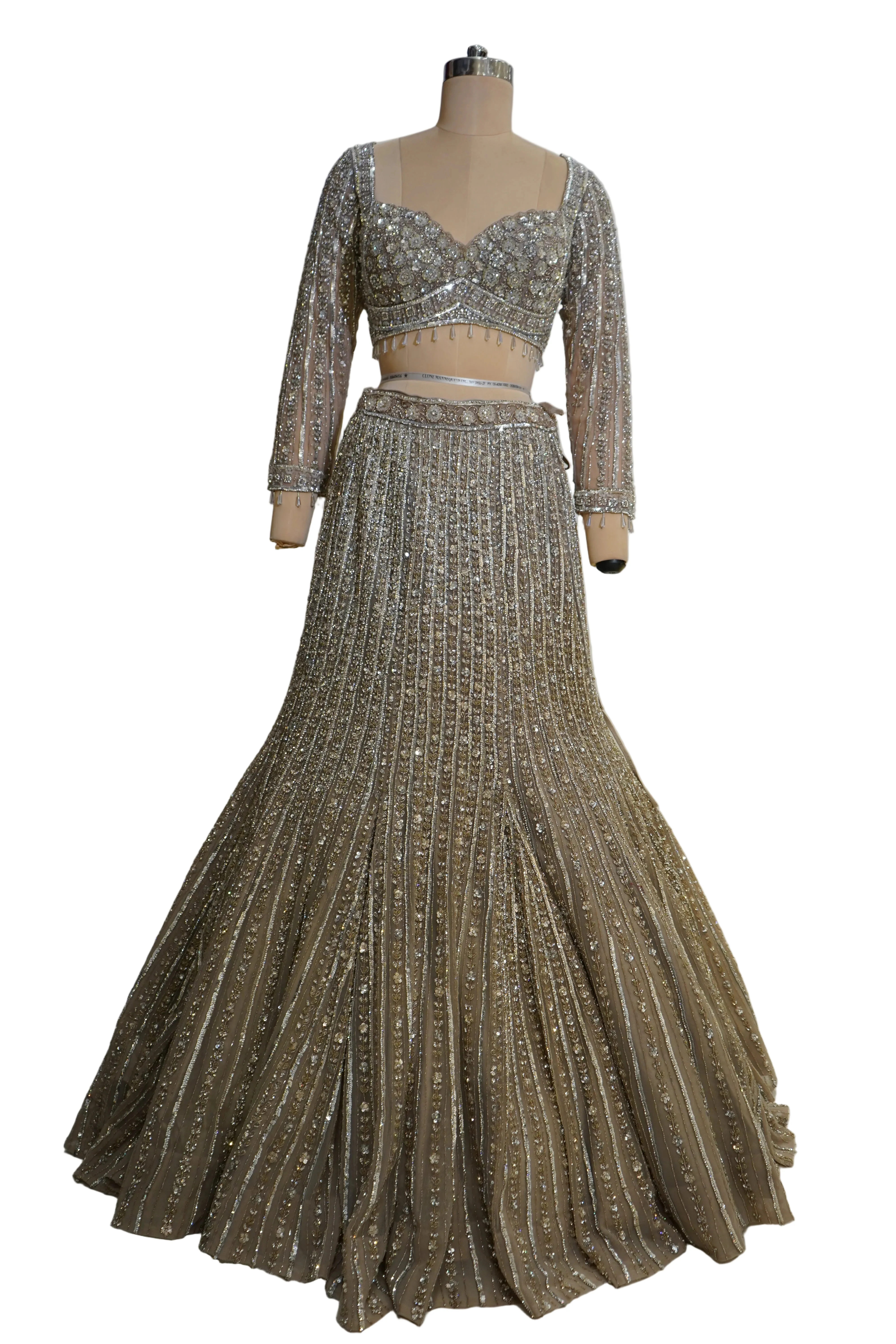 Antique Gold Mermaid Lehenga Set with Crystal Embellished Blouse and Net Dupatta - Image 7