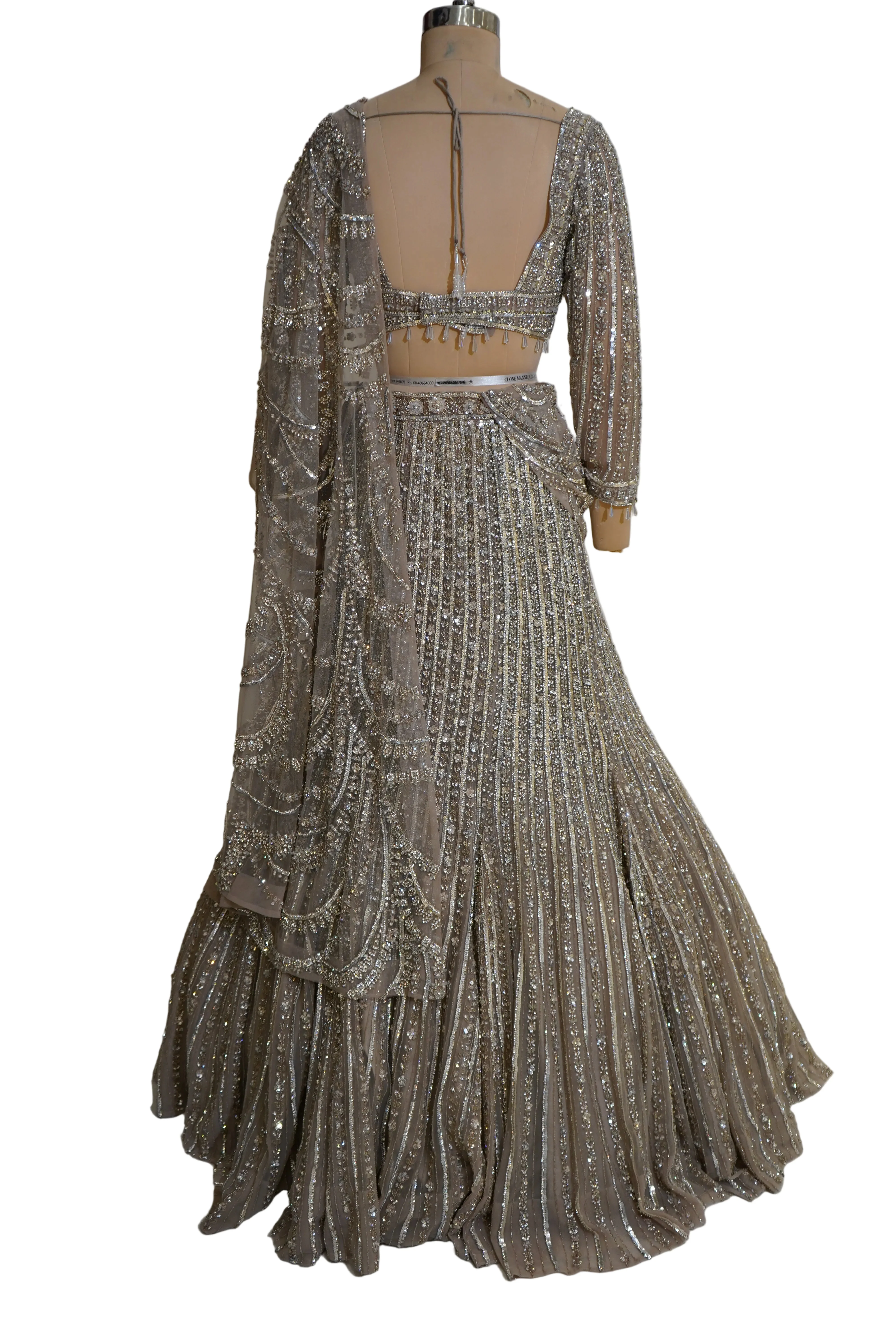 Antique Gold Mermaid Lehenga Set with Crystal Embellished Blouse and Net Dupatta - Image 8