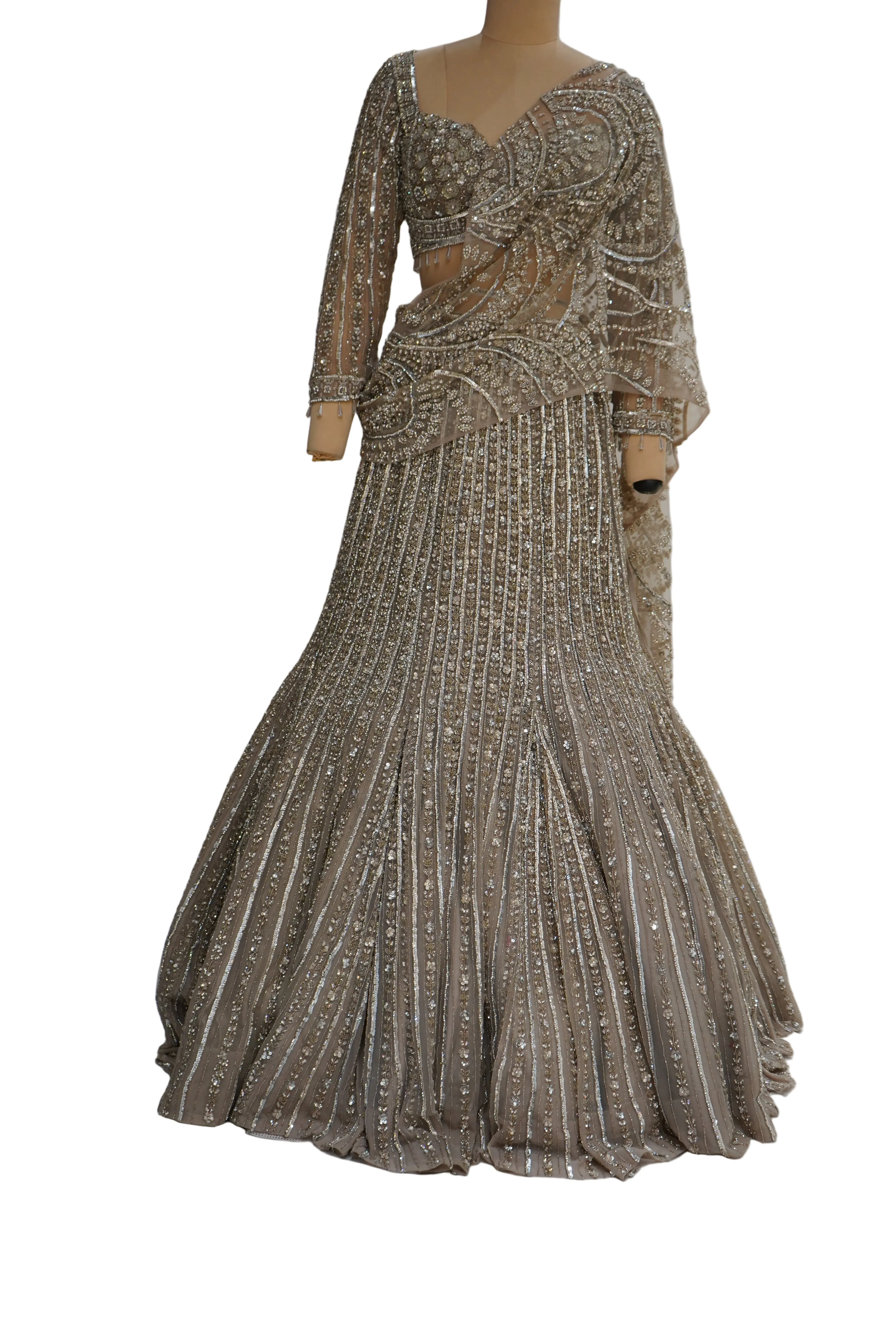 Antique Gold Mermaid Lehenga Set with Crystal Embellished Blouse and Net Dupatta - Image 9
