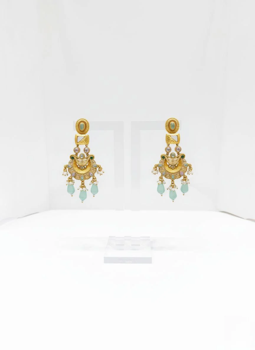 Antique Gold Necklace Set with Mint Green Stones & Kundan Detailing - Image 2