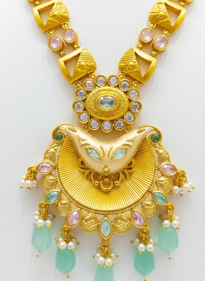 Antique Gold Necklace Set with Mint Green Stones & Kundan Detailing - Image 3
