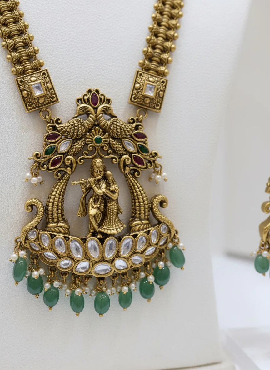 Antique Gold Necklace Set with Radha-Krishna Motif and Emerald Drops - Image 2