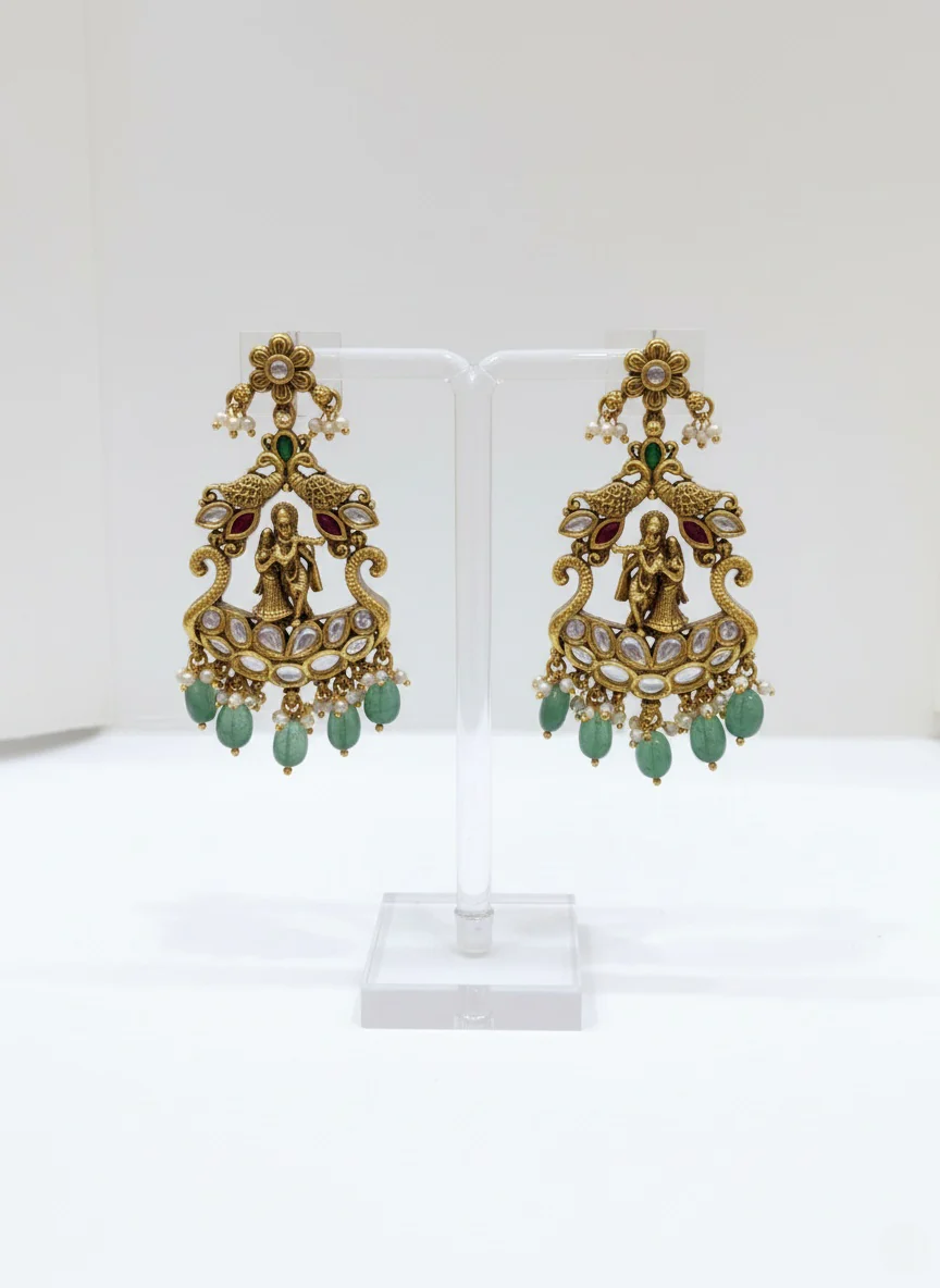 Antique Gold Necklace Set with Radha-Krishna Motif and Emerald Drops - Image 3